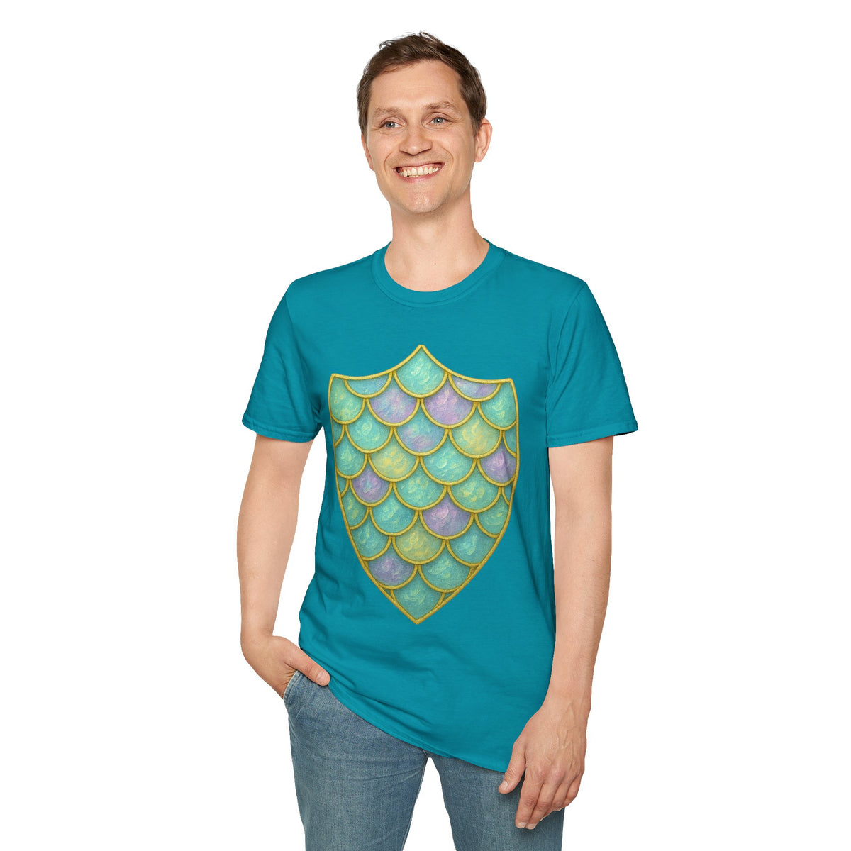Mermaid Scale Shield T-Shirt — Iridescent Aquamarine Graphic Tee - Trending Now - September 2026