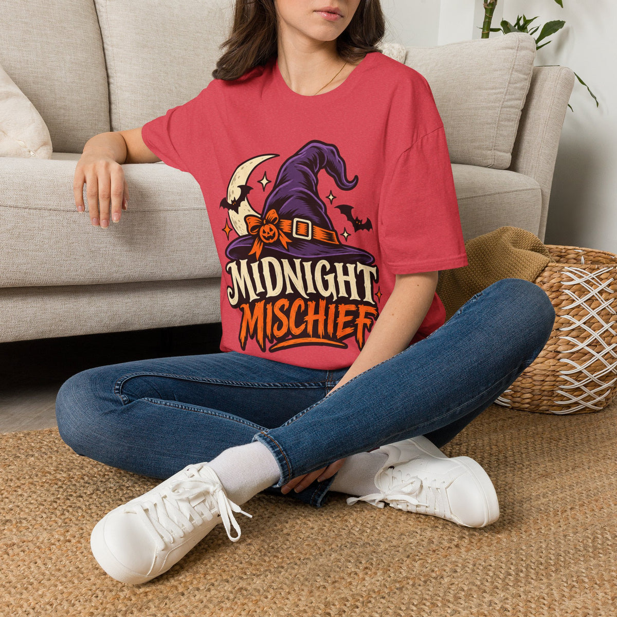 Midnight Mischief Halloween T-Shirt — Witch Hat & Bats Graphic