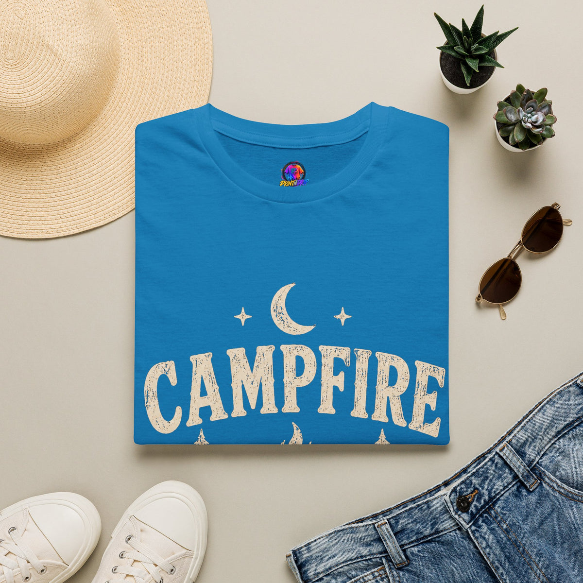 Campfire After Dark T-Shirt — Cozy Camping Moon & Trees Graphic