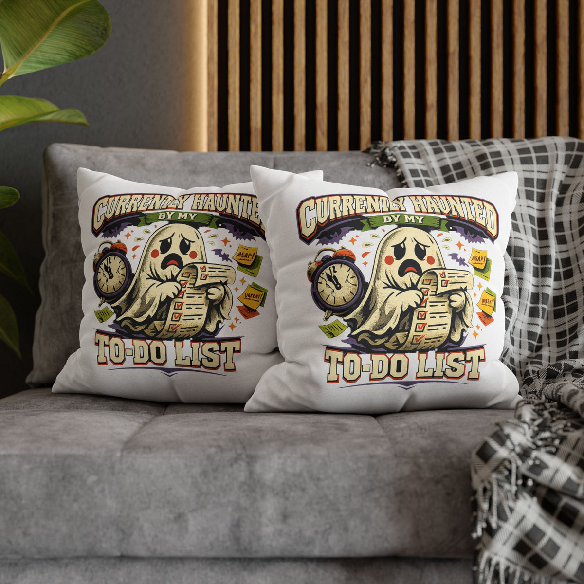 Halloween Ghost Pillowcase — "Currently Haunted by My To-Do List" Decorative Throw Pillow