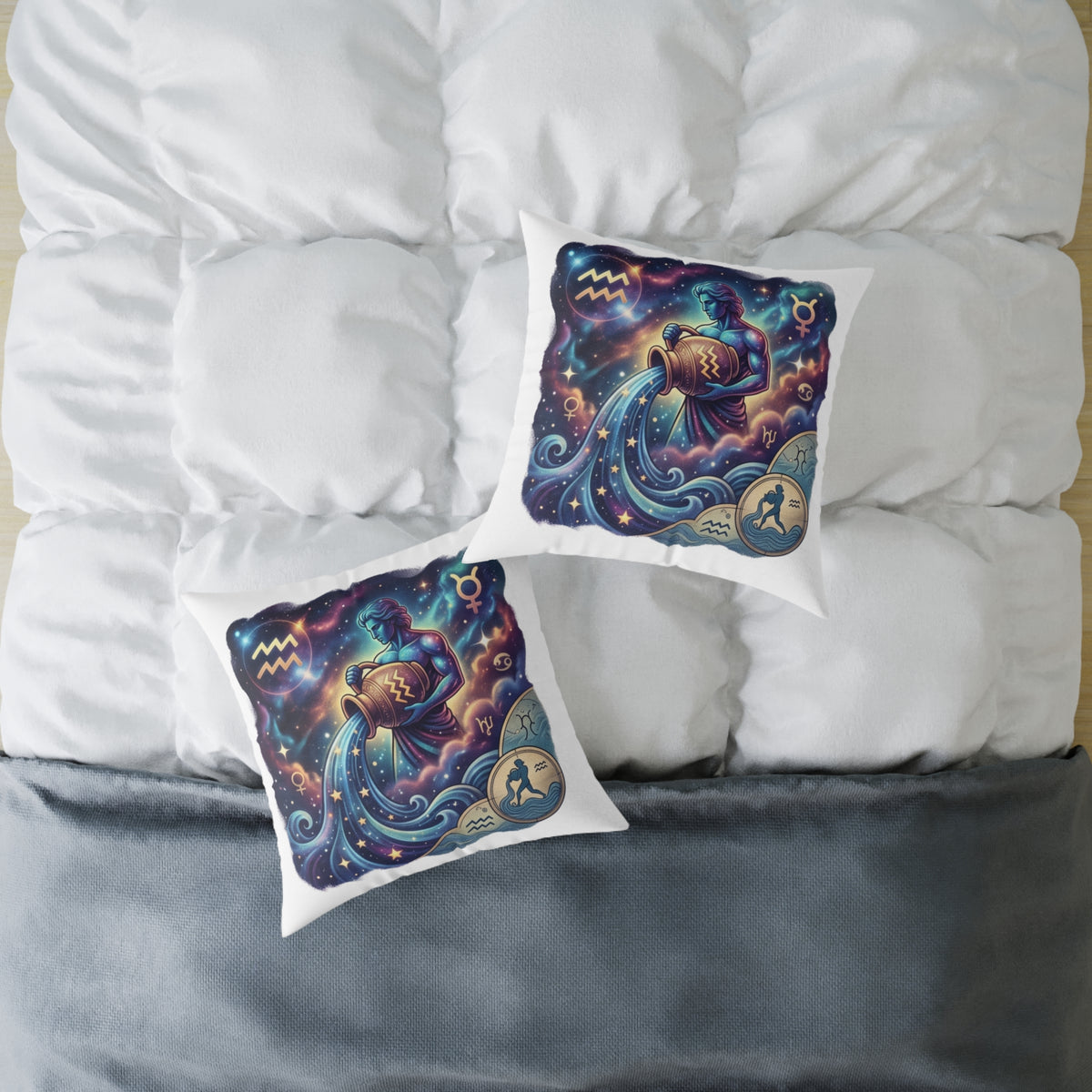 Aquarius Zodiac Pillow – Illustrated Astrological Water Bearer Throw Cushion