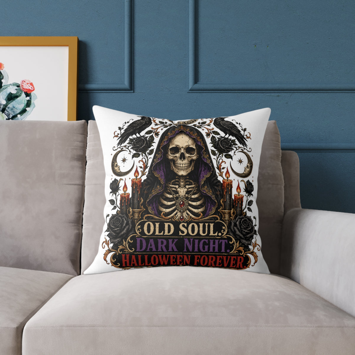 Halloween Skull Pillow — "Old Soul, Dark Night" Decorative Cushion