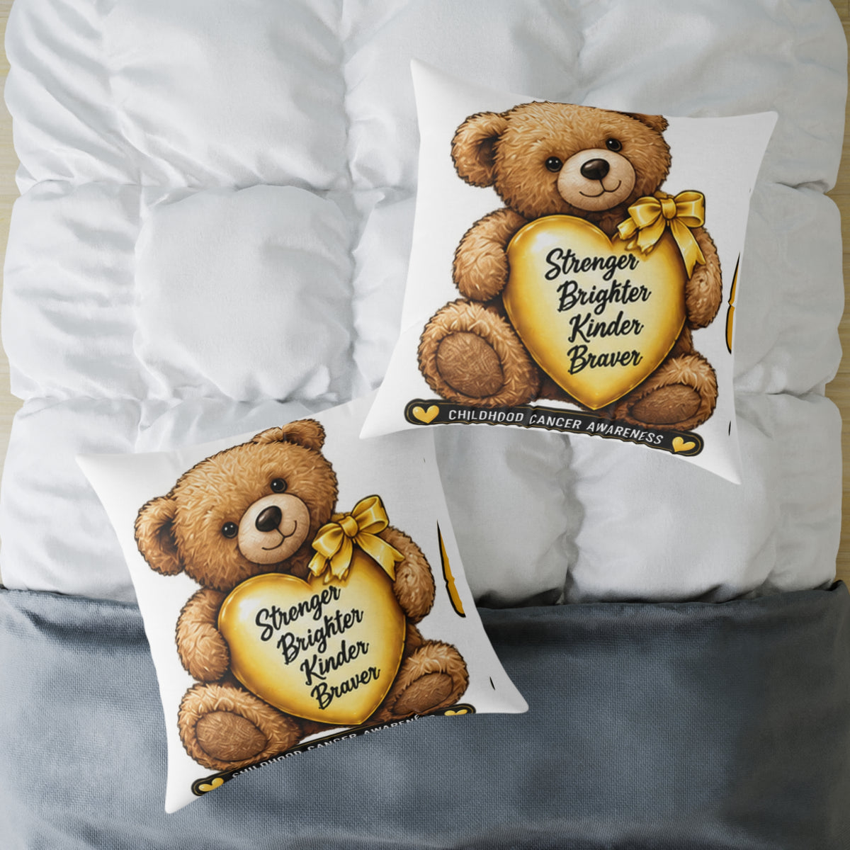 Childhood Cancer Teddy Bear Heart Pillow — "Stronger Brighter Kinder Braver" Decorative Throw Pillow