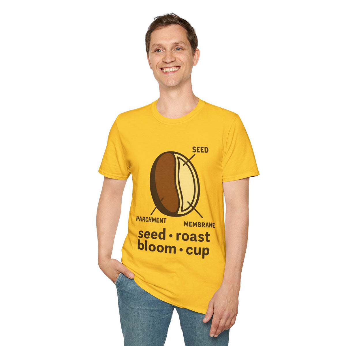 "Seed Roast Bloom Cup" Coffee Bean Graphic Tee - Minimalist Barista Aesthetic White T-Shirt - Trending Now - September 2026