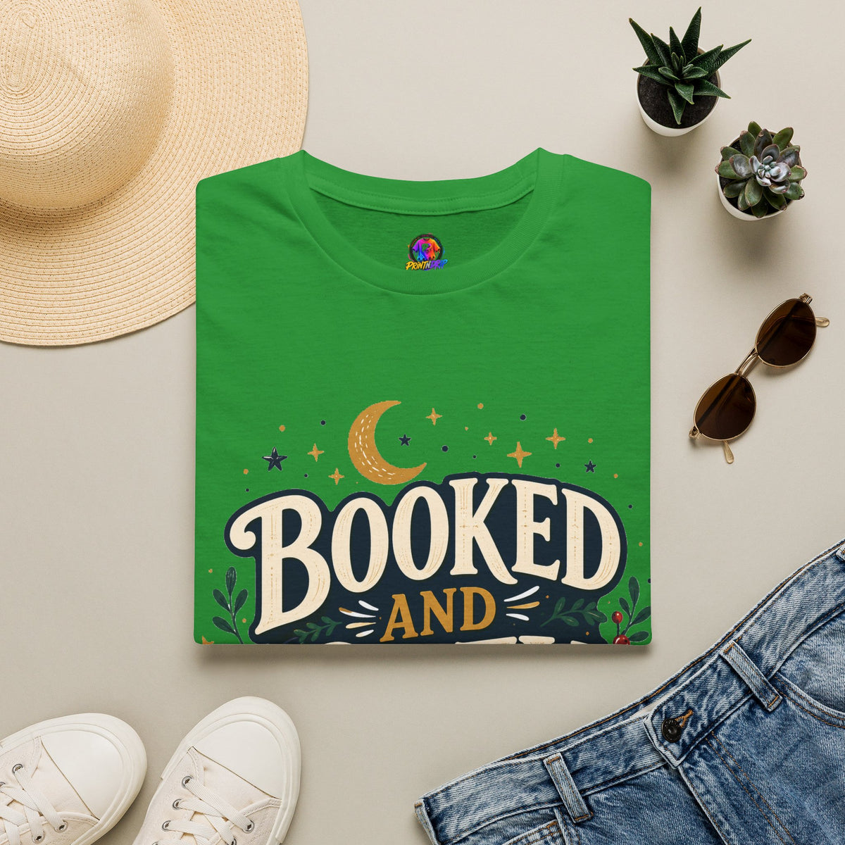 Booked and Cozy T-Shirt — Cozy Reading Graphic Tee (Books, Moon & Stars)