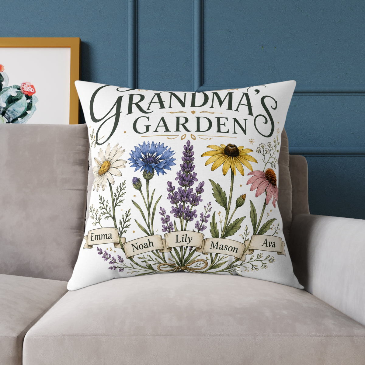Grandma's Garden Floral Throw Pillow  Milo Bailey Dog Dad Mom— Personalized Family Names