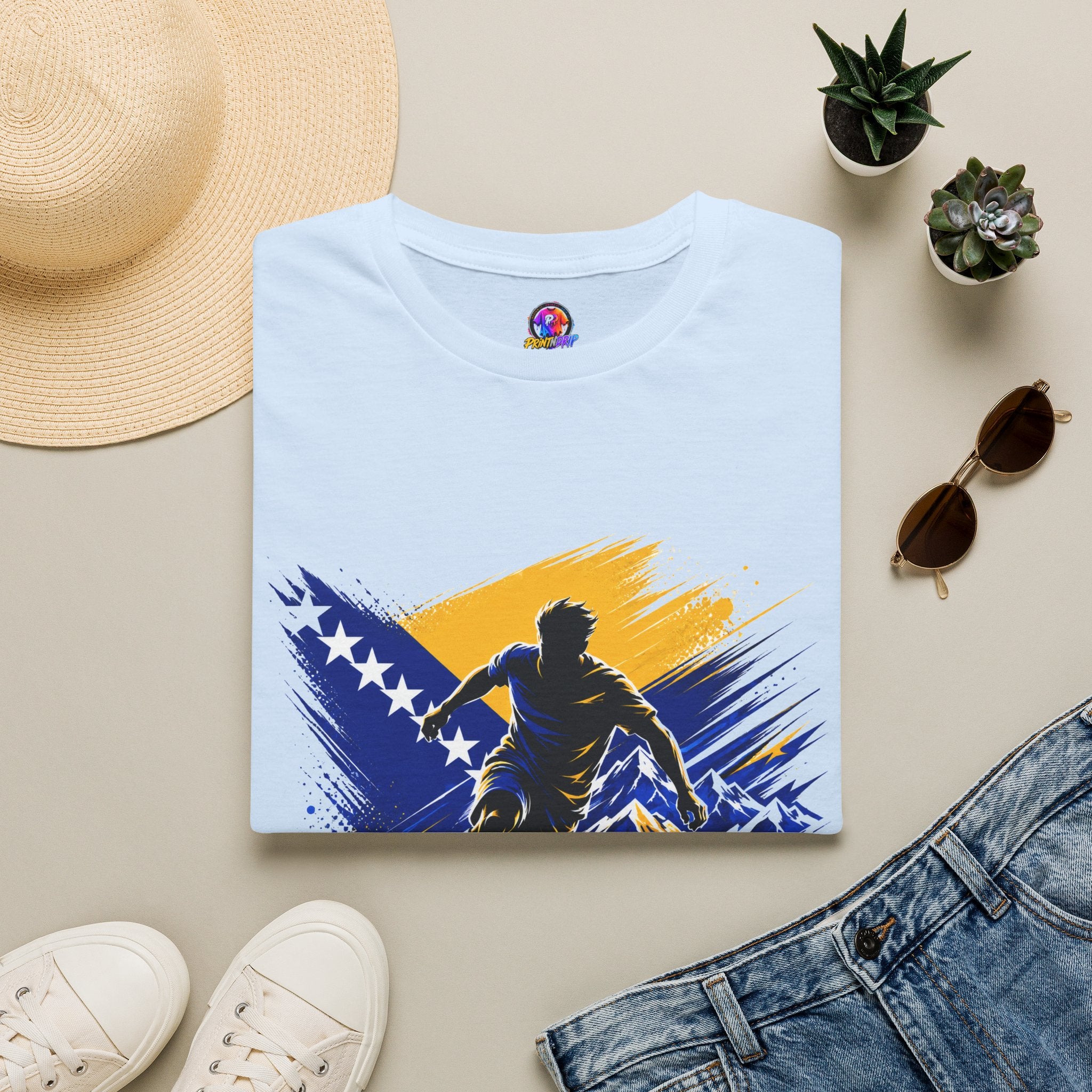 Bosnia Football T‑Shirt - "Blue Gold Rise" Soccer Graphic Tee