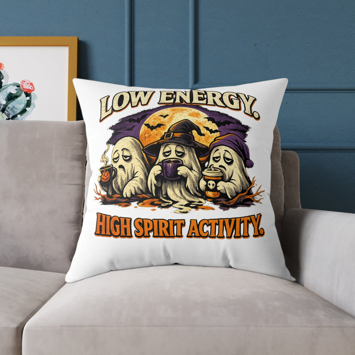 Halloween Pillow - "Low Energy, High Spirit Activity" Ghost & Witch Throw Pillow