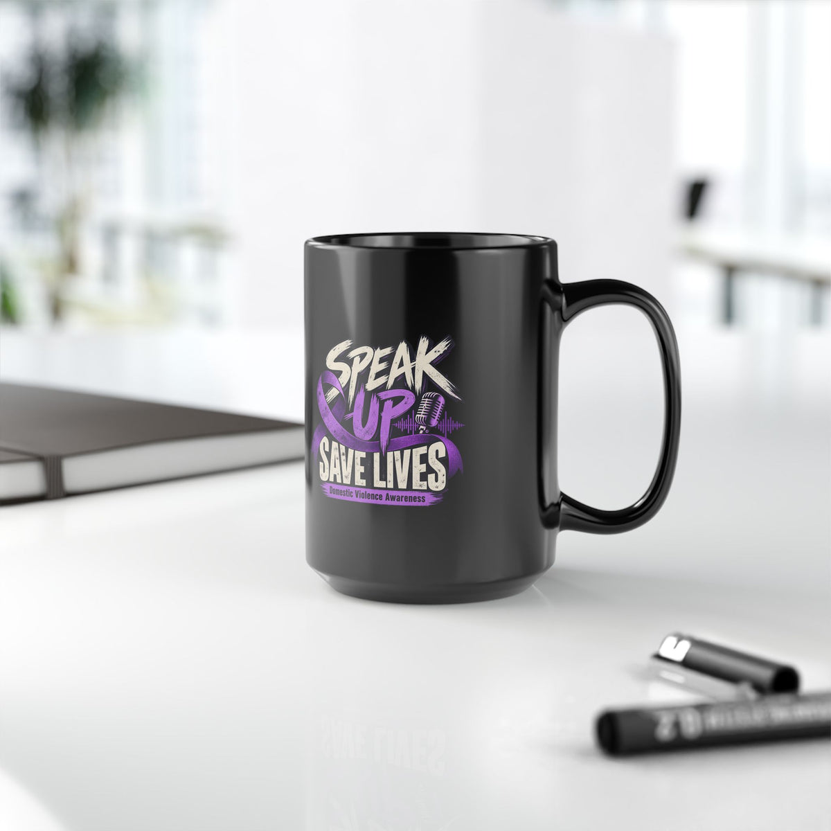 Speak Up Save Lives Black Mug – Domestic Violence Awareness