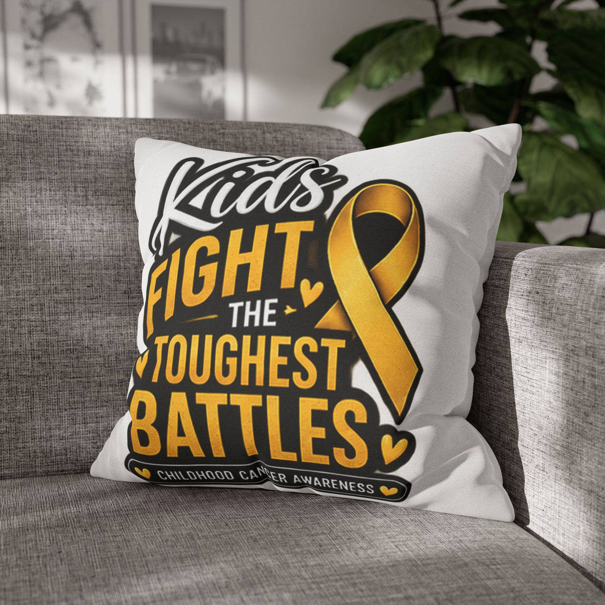 Childhood Cancer Awareness Pillowcase – “Kids Fight the Toughest Battles” Gold Ribbon Throw Pillow