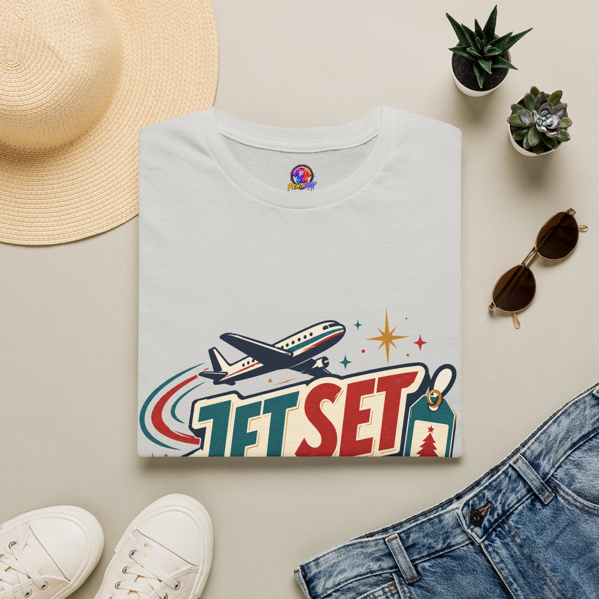 Jet Set Jingle Travel T-Shirt — Retro Airplane Vacation Graphic