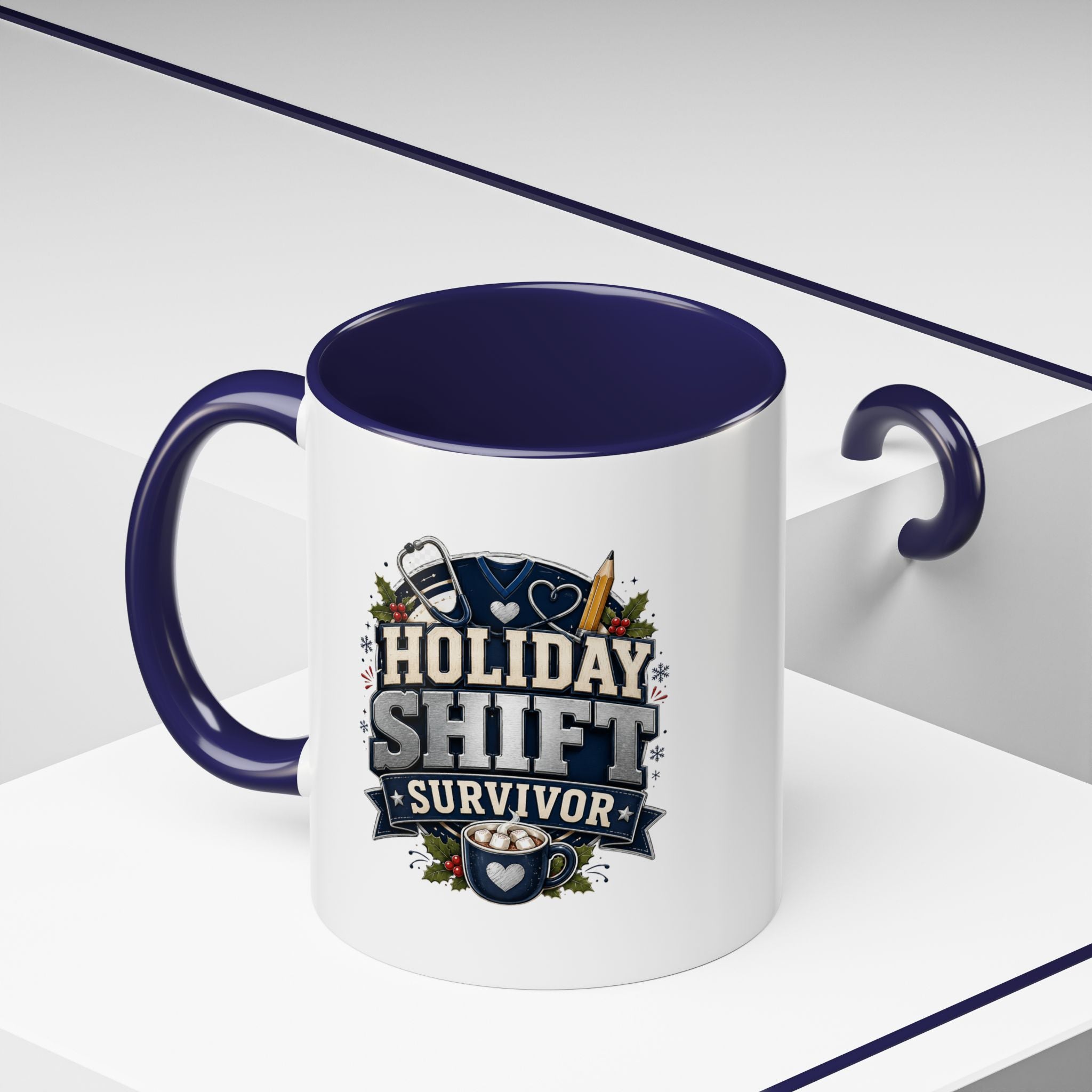 Modern Day Christmas Holiday Shift Survivor Accent Coffee Mug – Nurse & Healthcare Worker Gift
