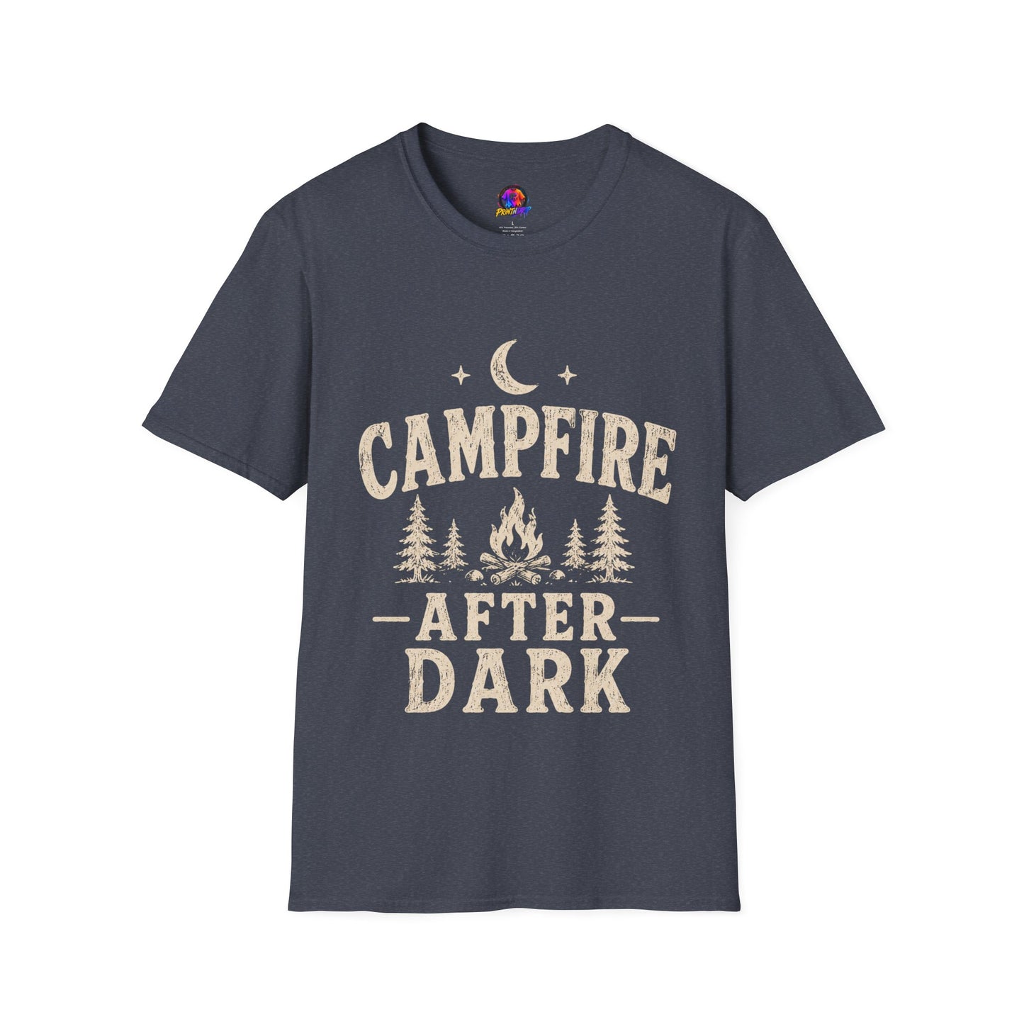 Campfire After Dark T-Shirt — Cozy Camping Moon & Trees Graphic