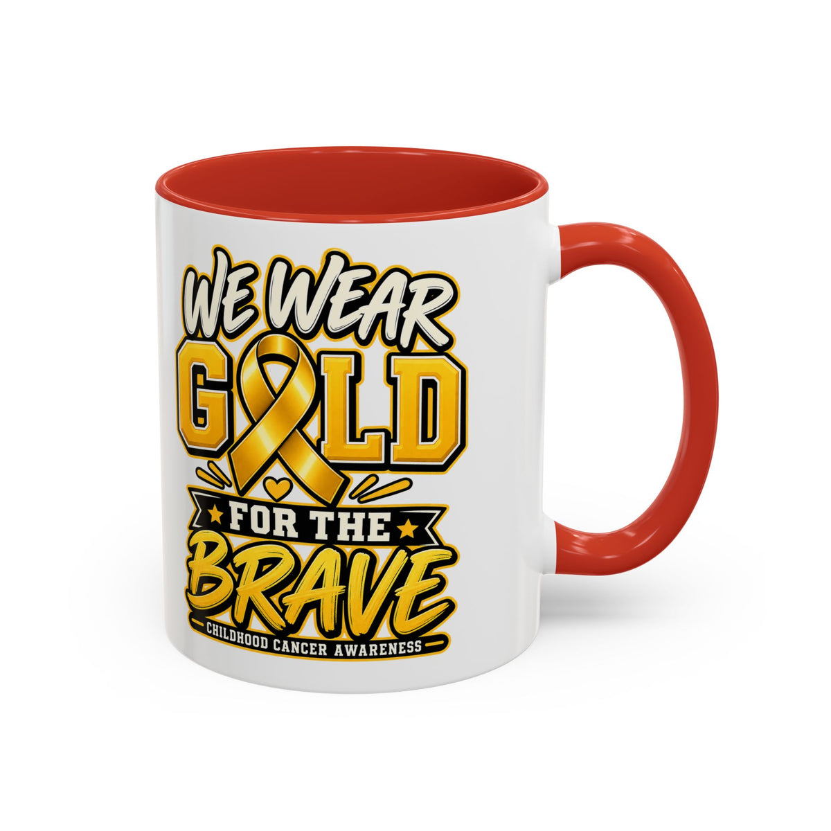 Childhood Cancer Awareness Accent Coffee Mug – "We Wear Gold for the Brave" (11/15 oz)