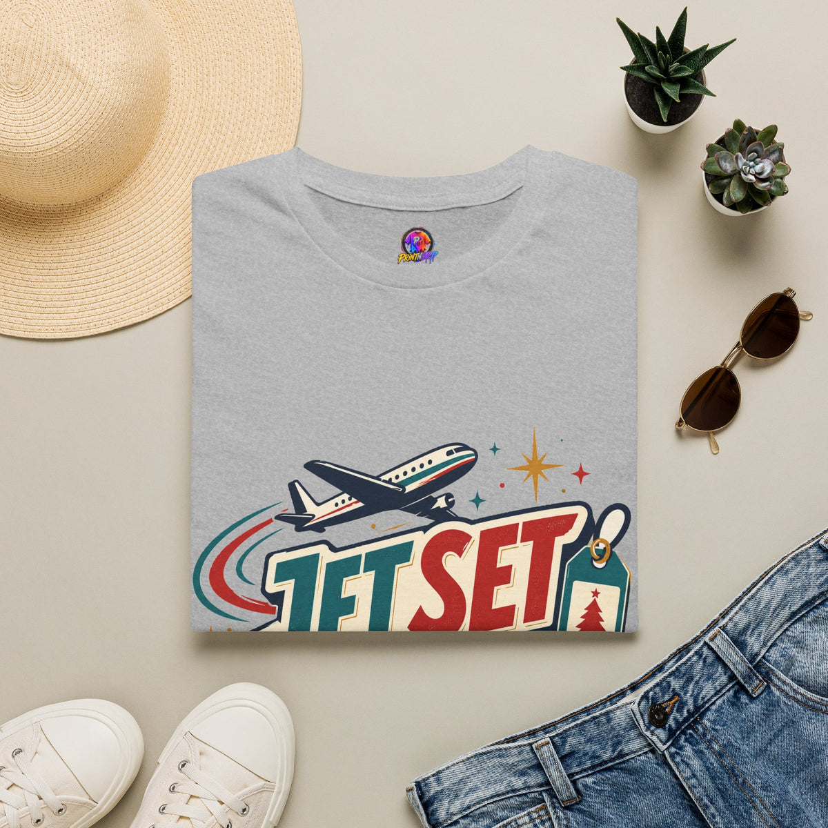 Jet Set Jingle Travel T-Shirt — Retro Airplane Vacation Graphic