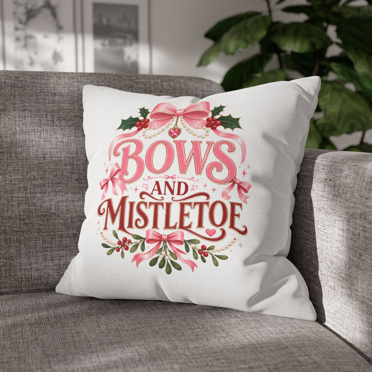 Christmas Pillowcase Bows and Mistletoe Christmas Pillow