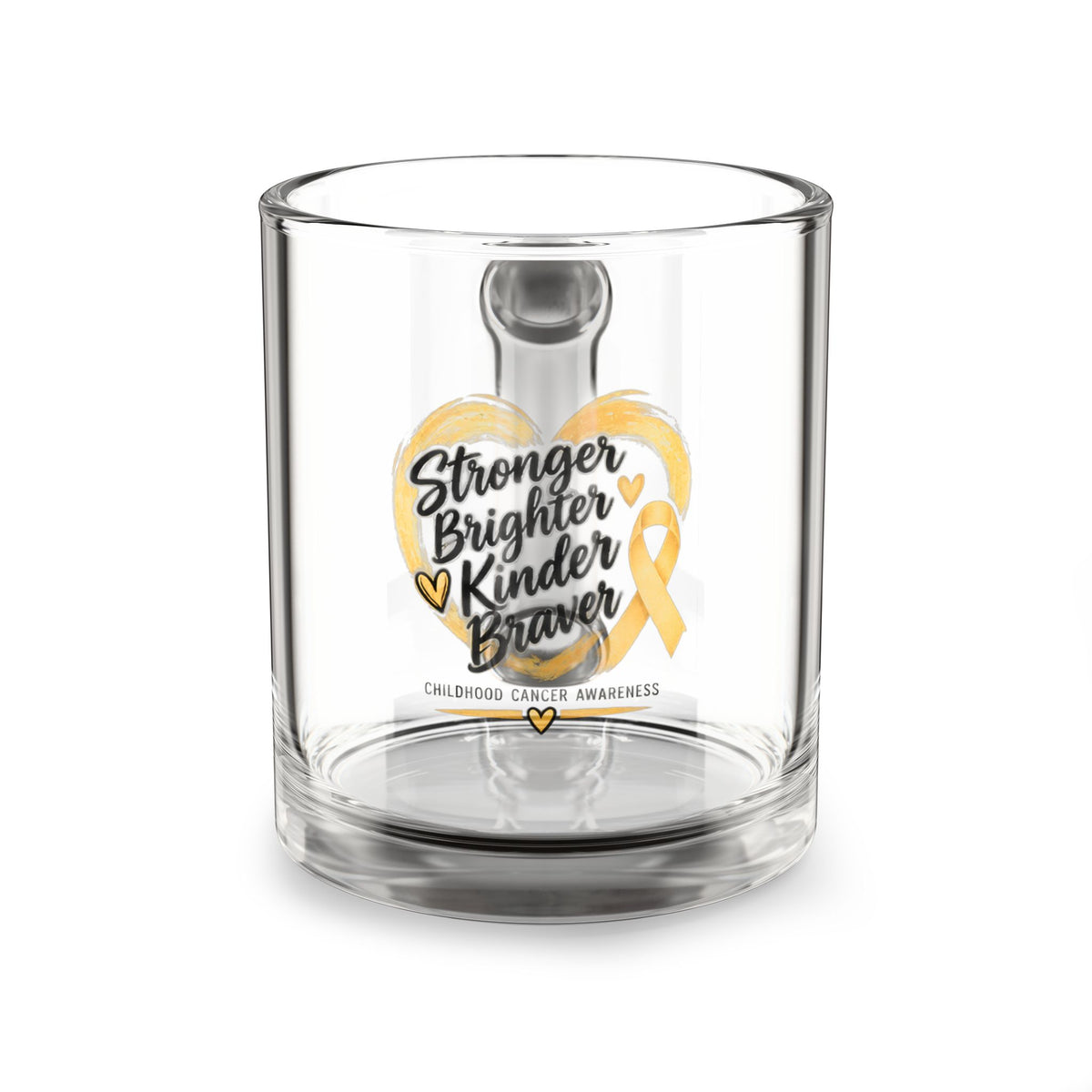 10oz Glass Mug — "Stronger, Brighter, Kinder, Braver" Childhood Cancer Awareness