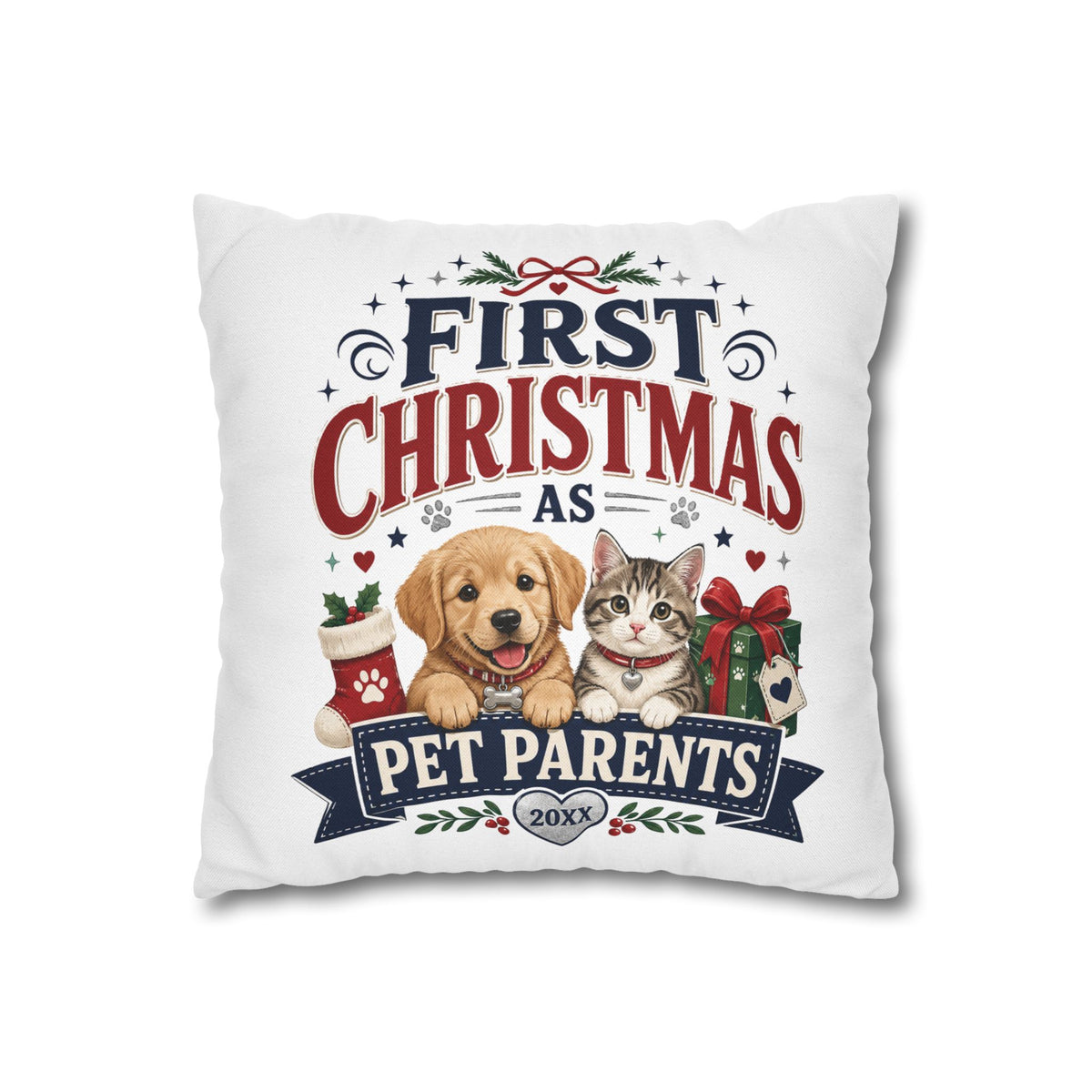 First Christmas as Pet Parents Pillowcase — Dog & Cat Holiday Throw Pillowcase