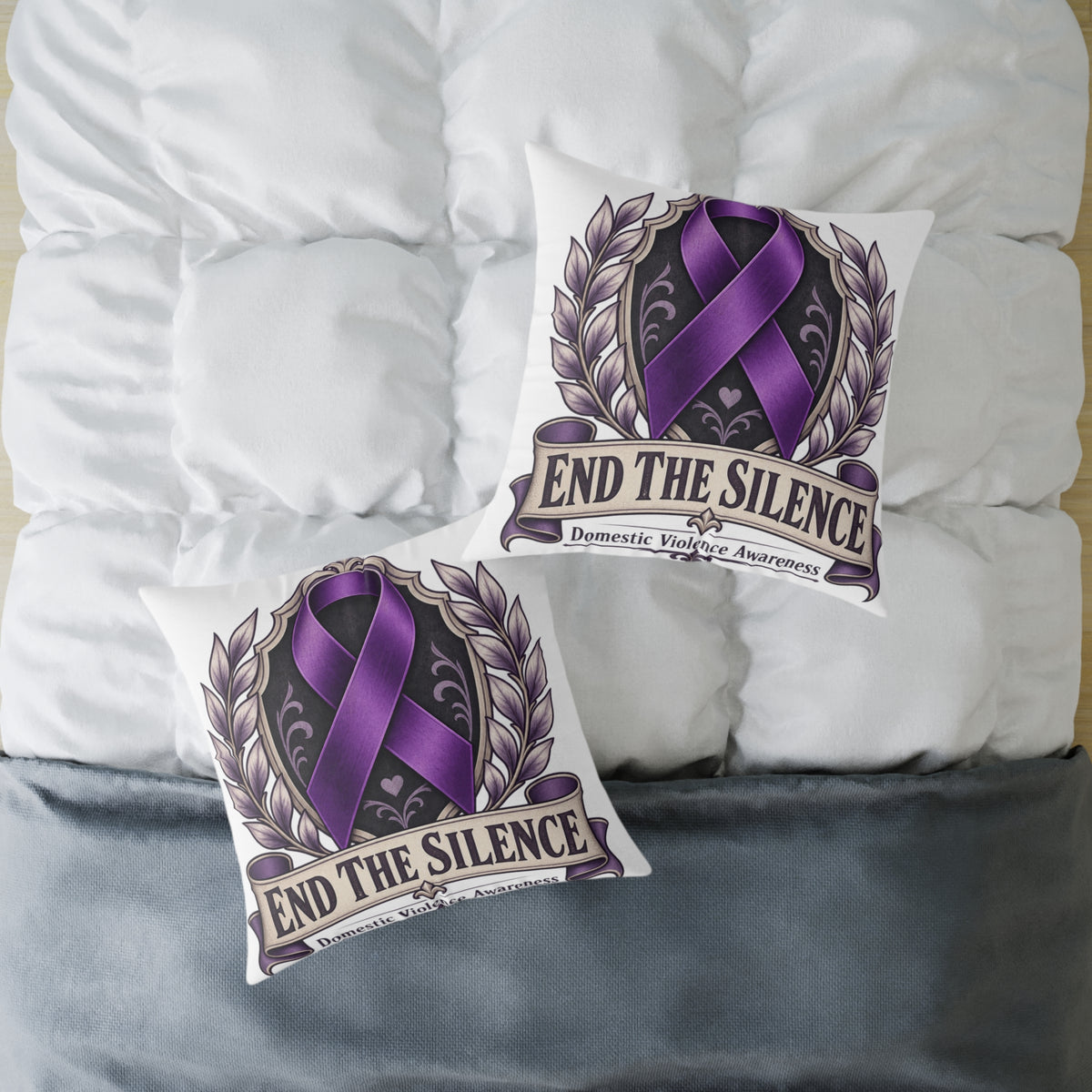 End the Silence Purple Ribbon Square Pillow - Domestic Violence Awareness Throw Pillow