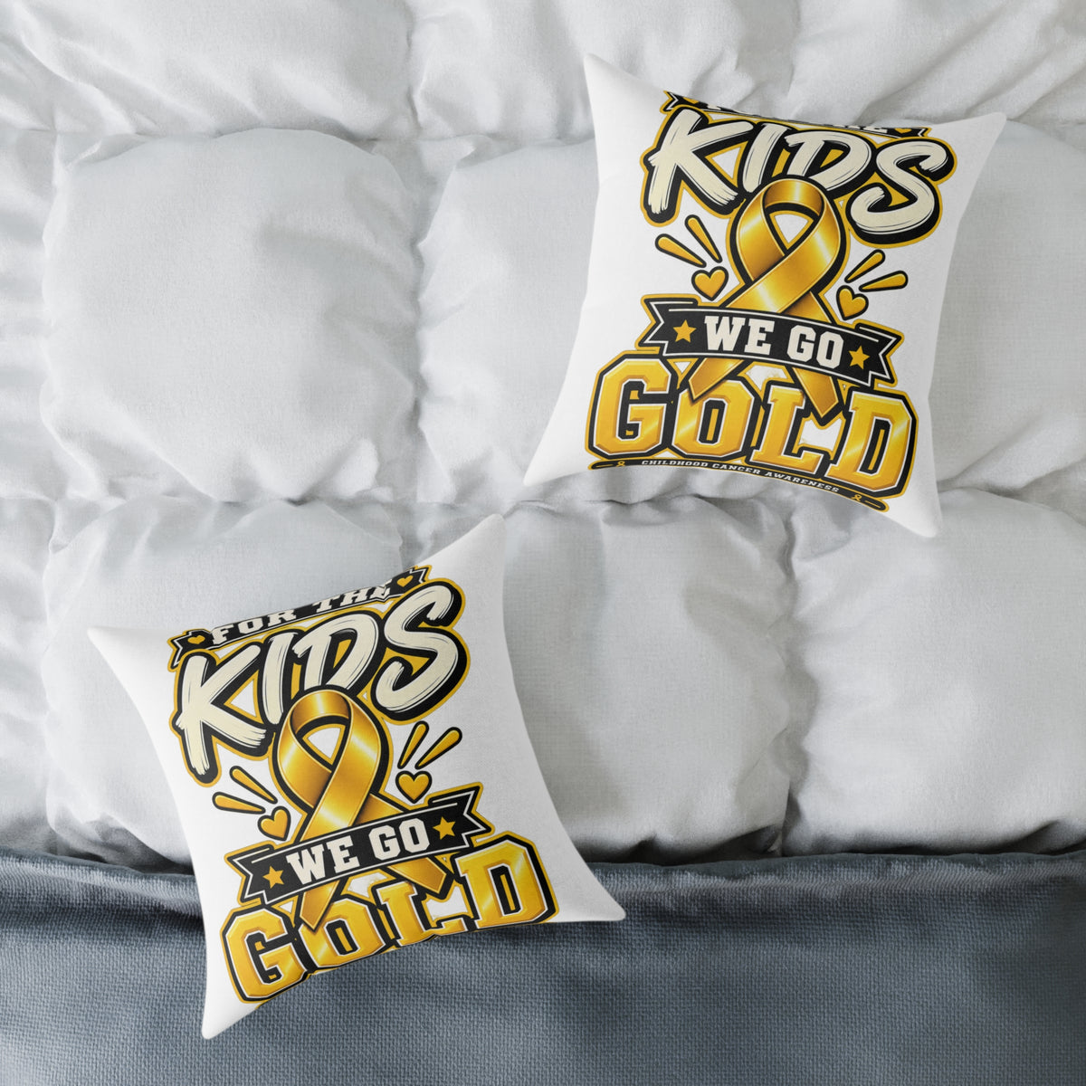We Go Gold Kids Ribbon Square Throw Pillow — Childhood Cancer Awareness Decor