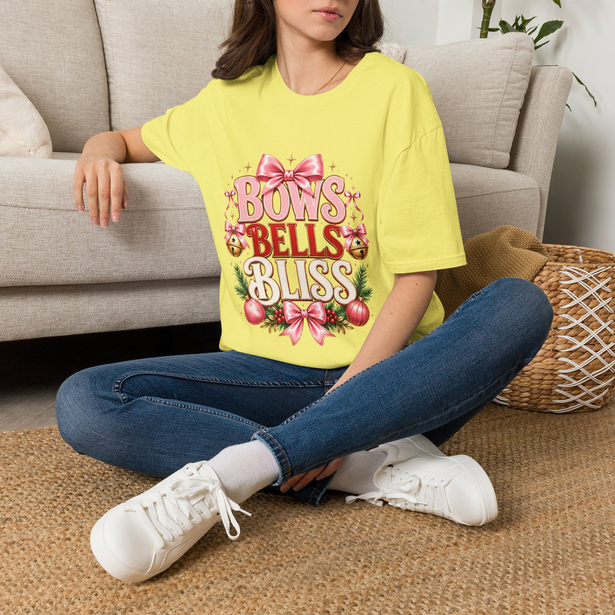 T-Shirt — "Bows Bells Bliss" Pink Holiday Graphic Tee