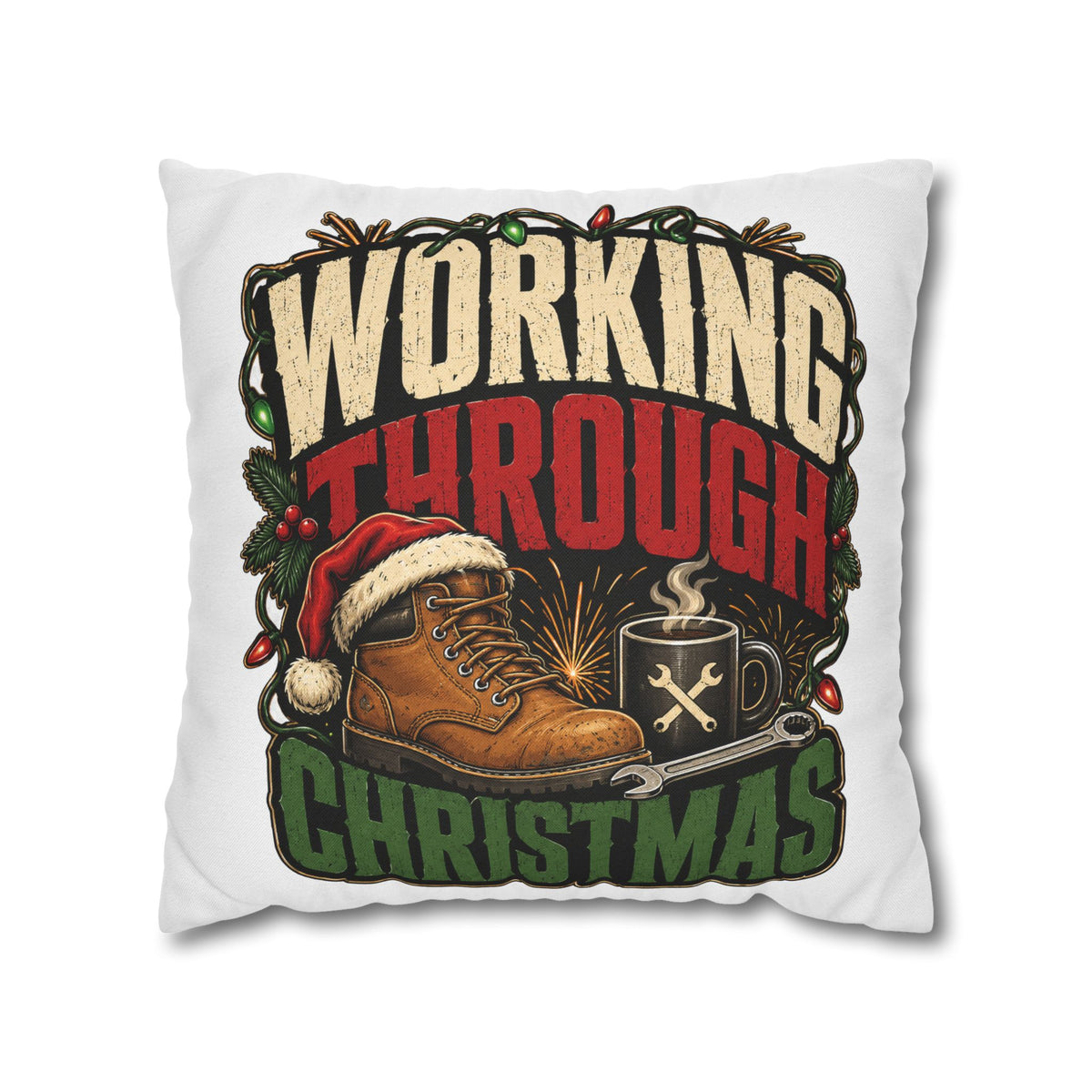 Christmas Work Boots Pillowcase Modern Day Christmas  – "Working Through Christmas" Holiday Throw Pillow Cover