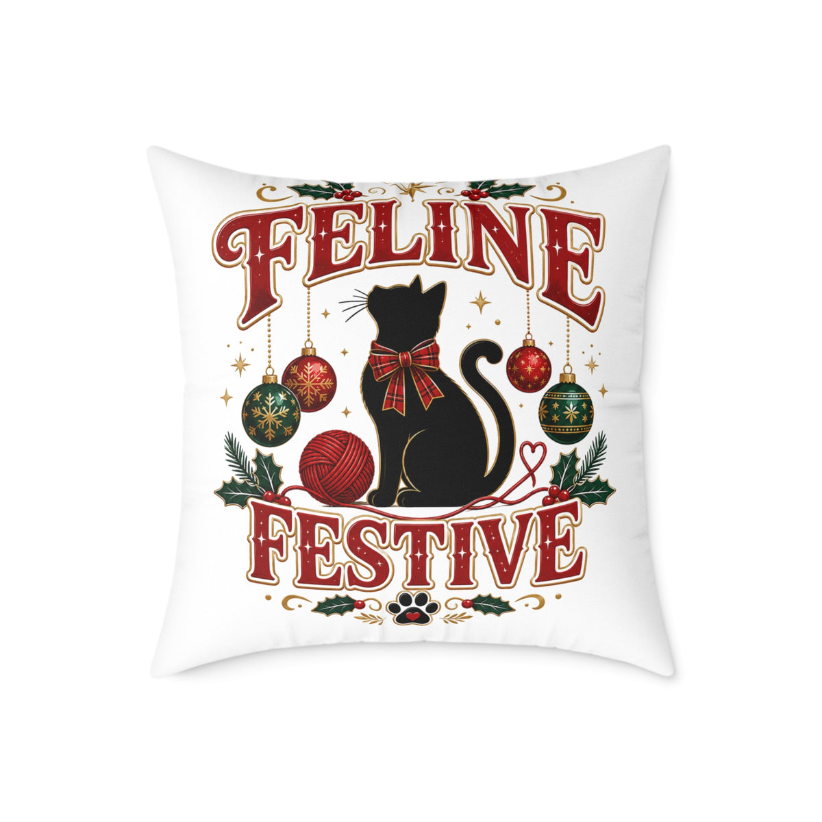 Christmas Feline Festive Square Pillow - Holiday Cat Decor