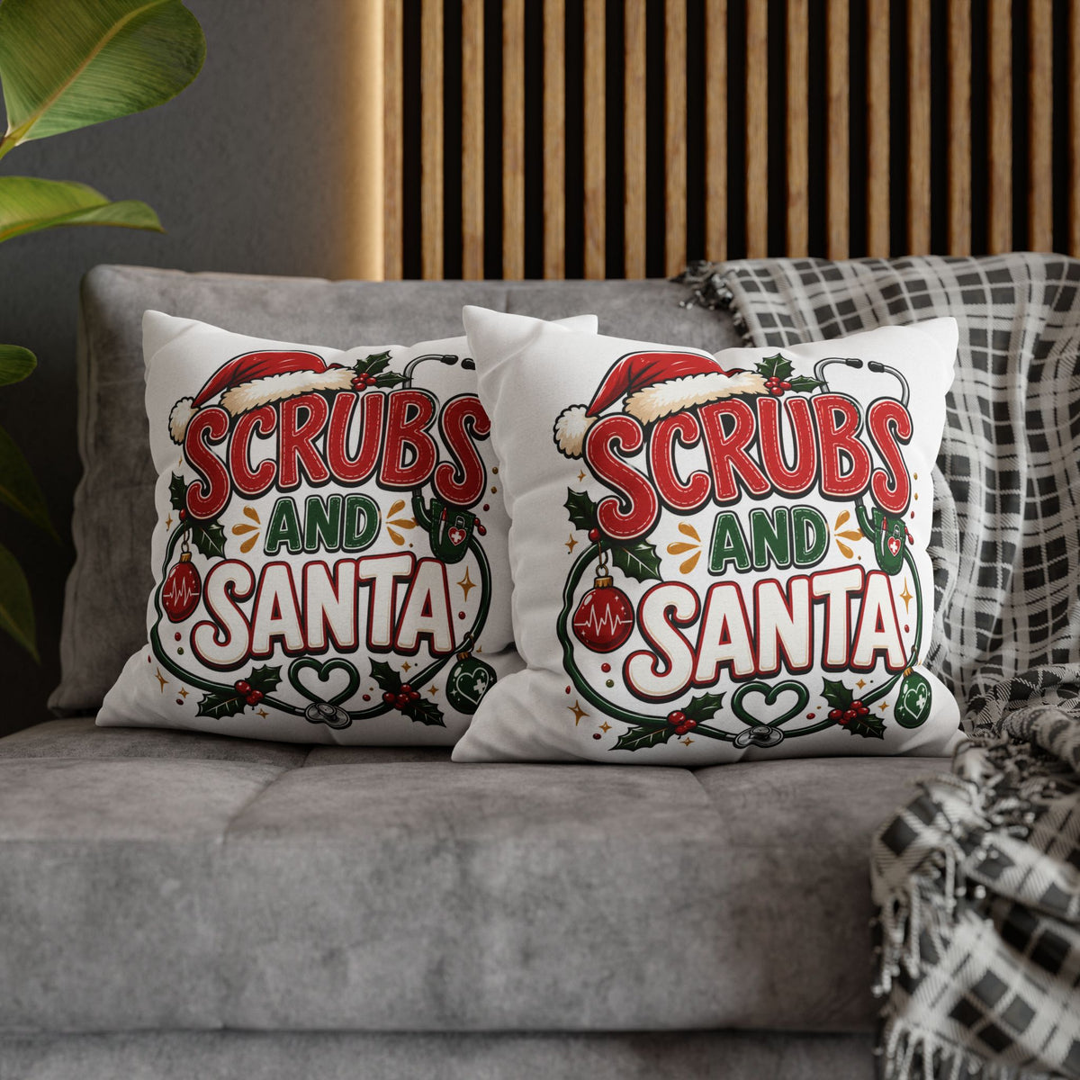 Christmas Scrubs and Santa Holiday Pillowcase – Christmas Nurse Decorative Throw Pillow Cover