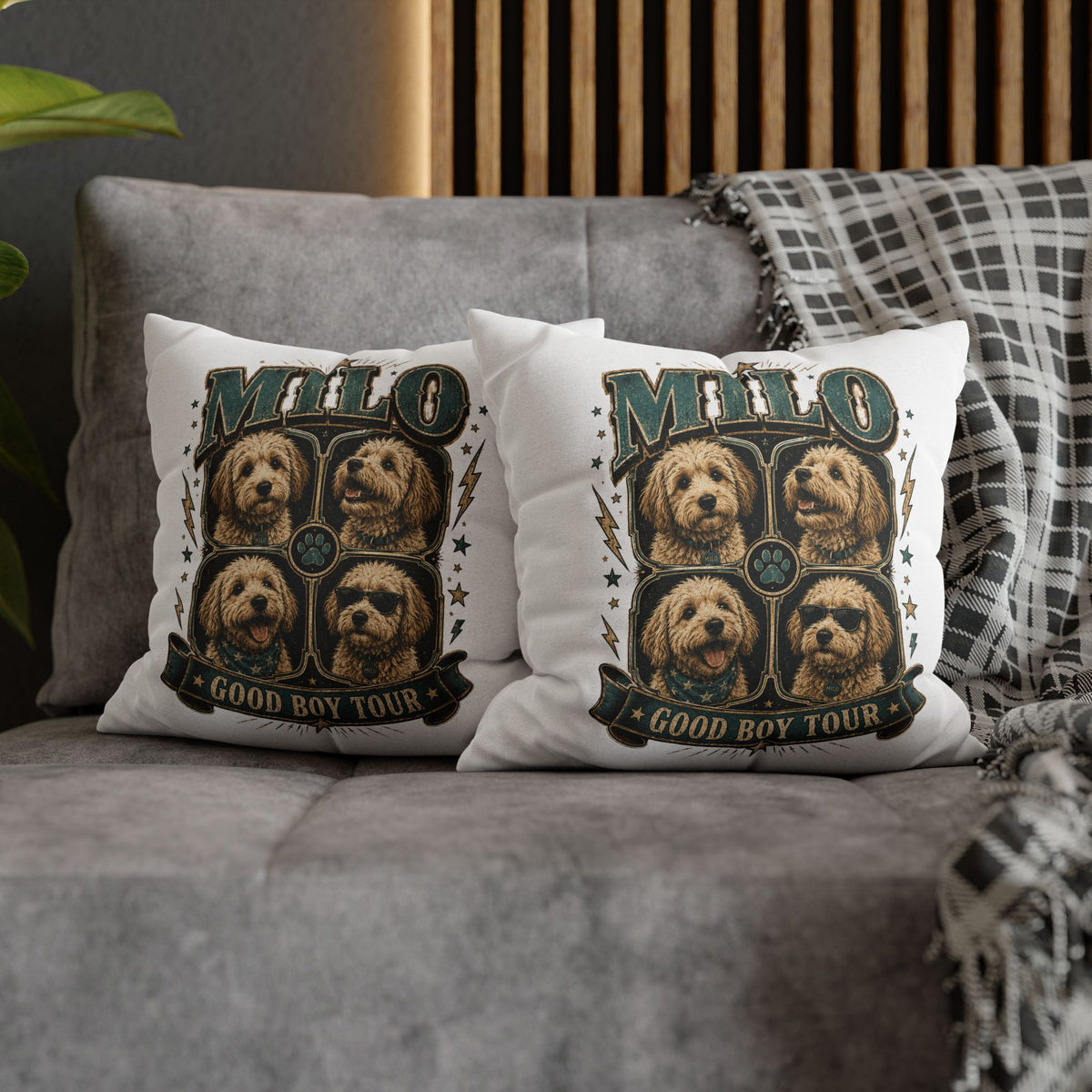 Milo "Good Boy Tour" Decorative Pillowcase — Dog Band Tour Poster Throw Pillowcase Milo Bailey Dog Dad Mom