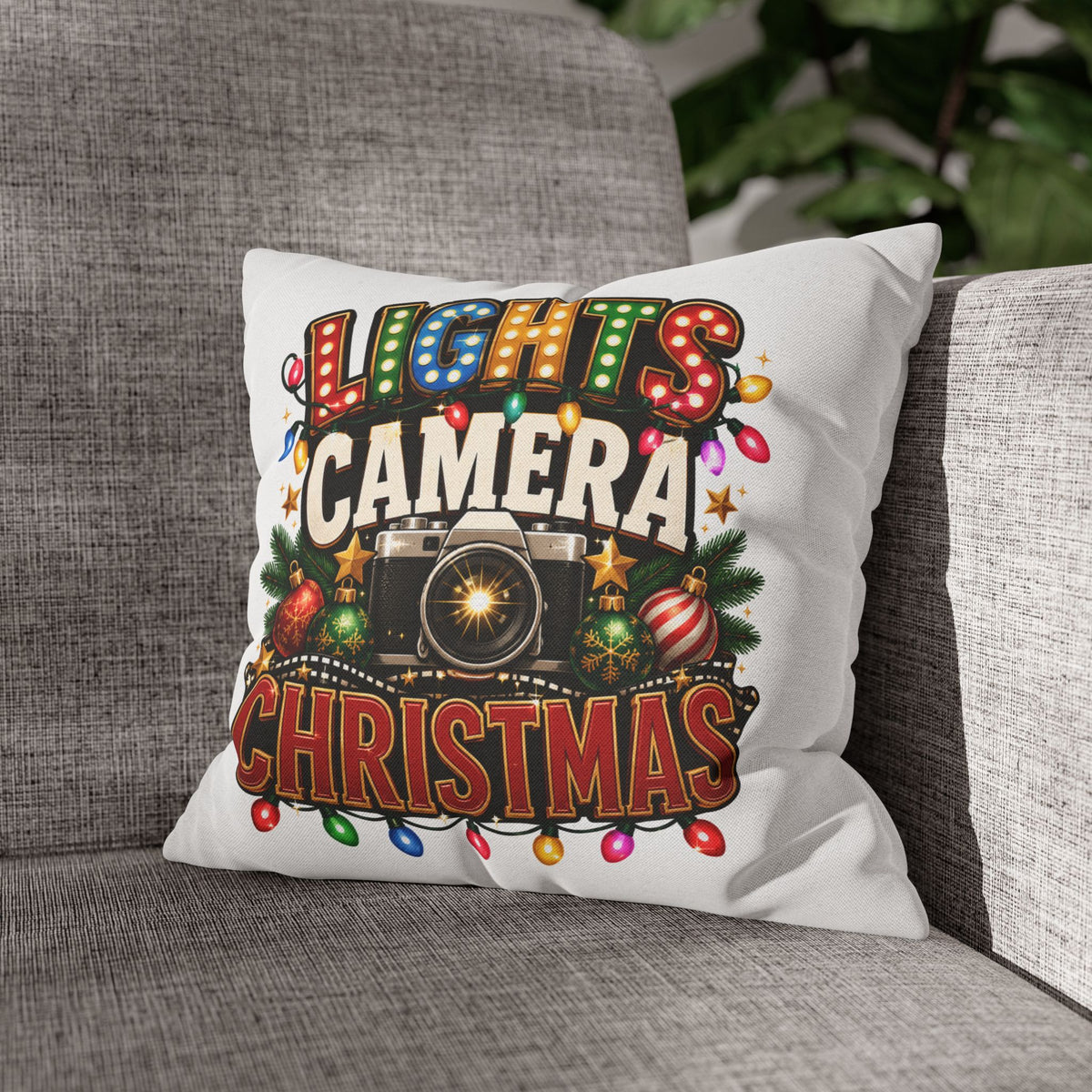 Christmas Photographer Pillowcase – “Lights Camera Christmas” Decorative Throw Pillow