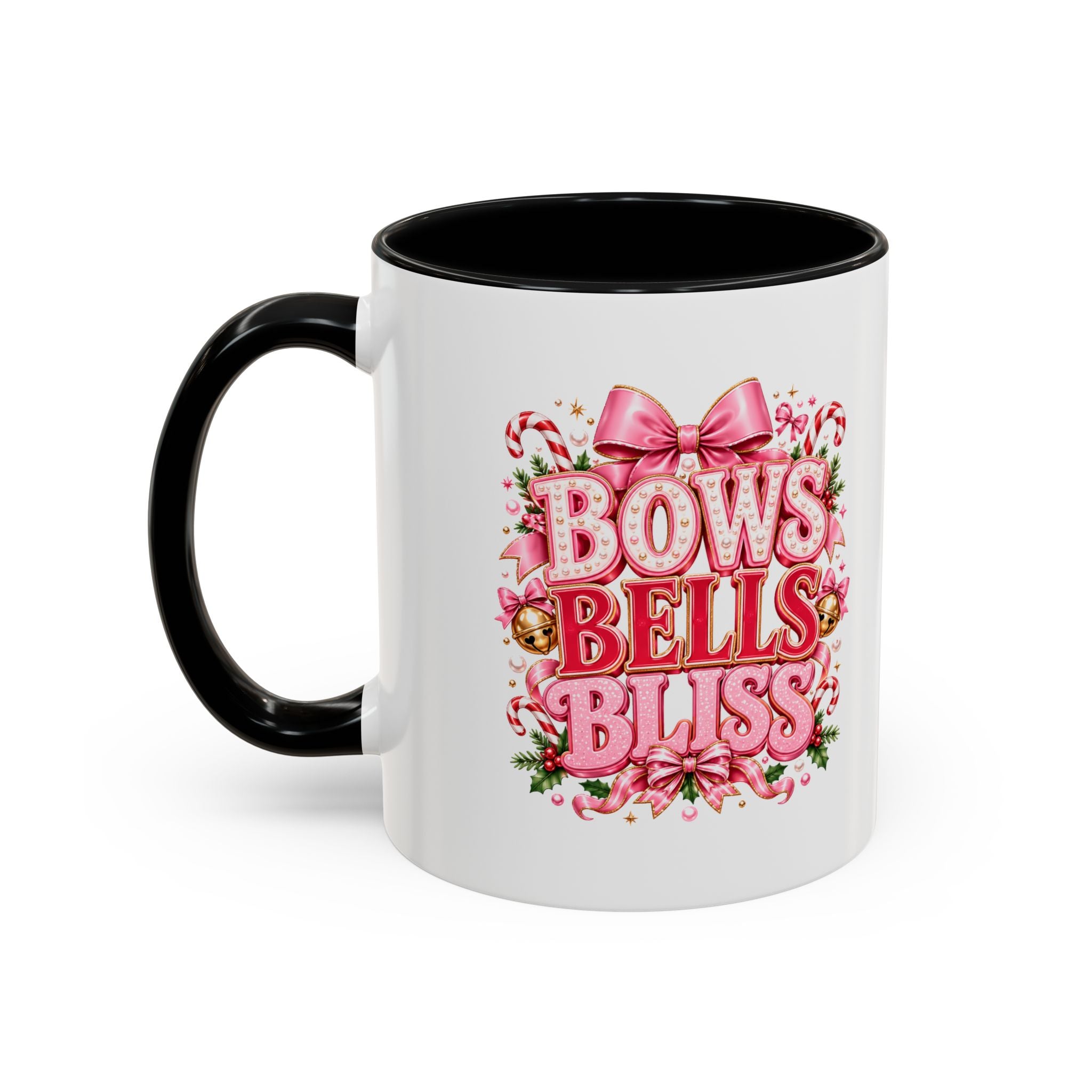 Modern Day Christmas Bows Bells Bliss Coffee Mug — Pink Holiday Accent Mug