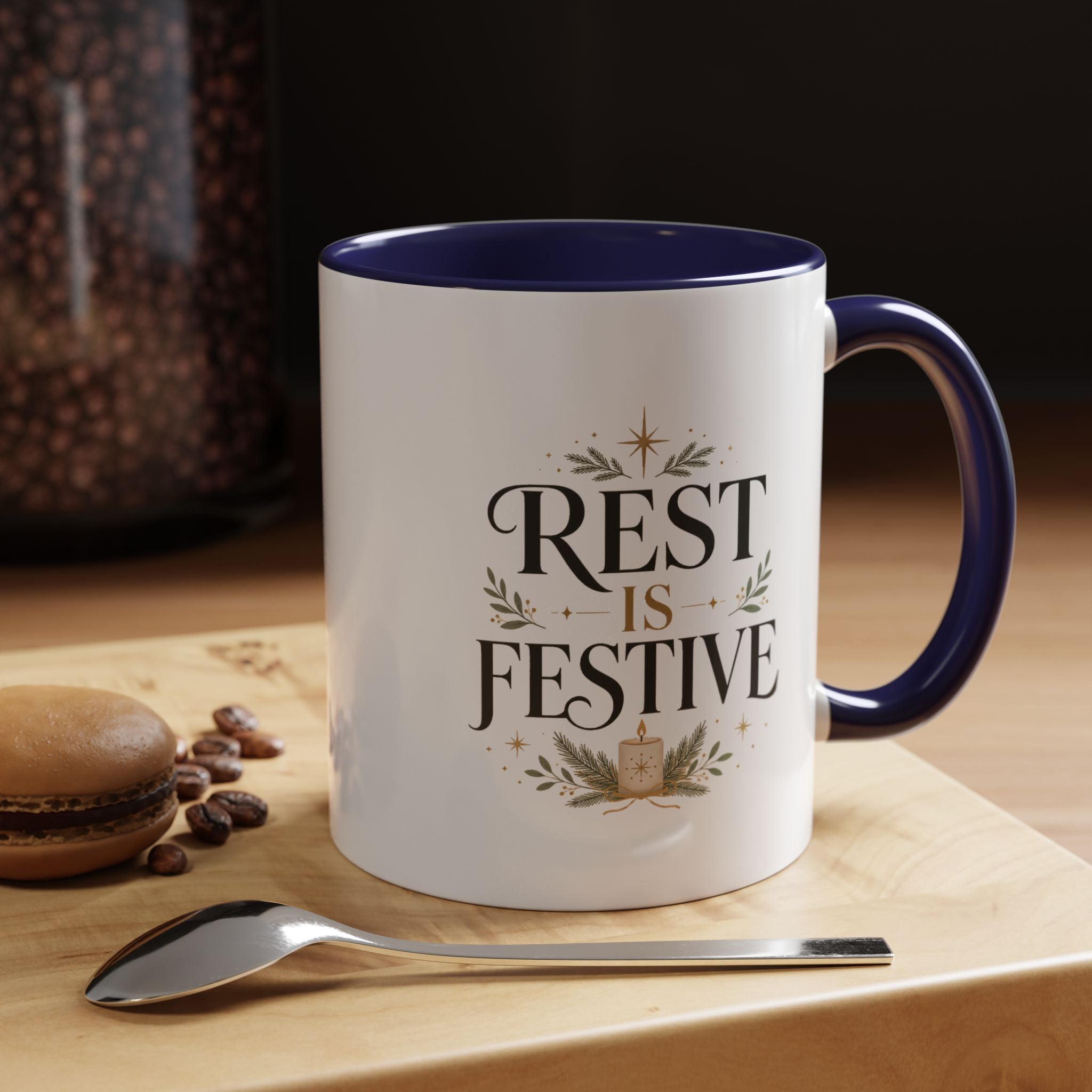Modern Day Christmas Rest Is Festive Coffee Mug — Holiday Floral Accent