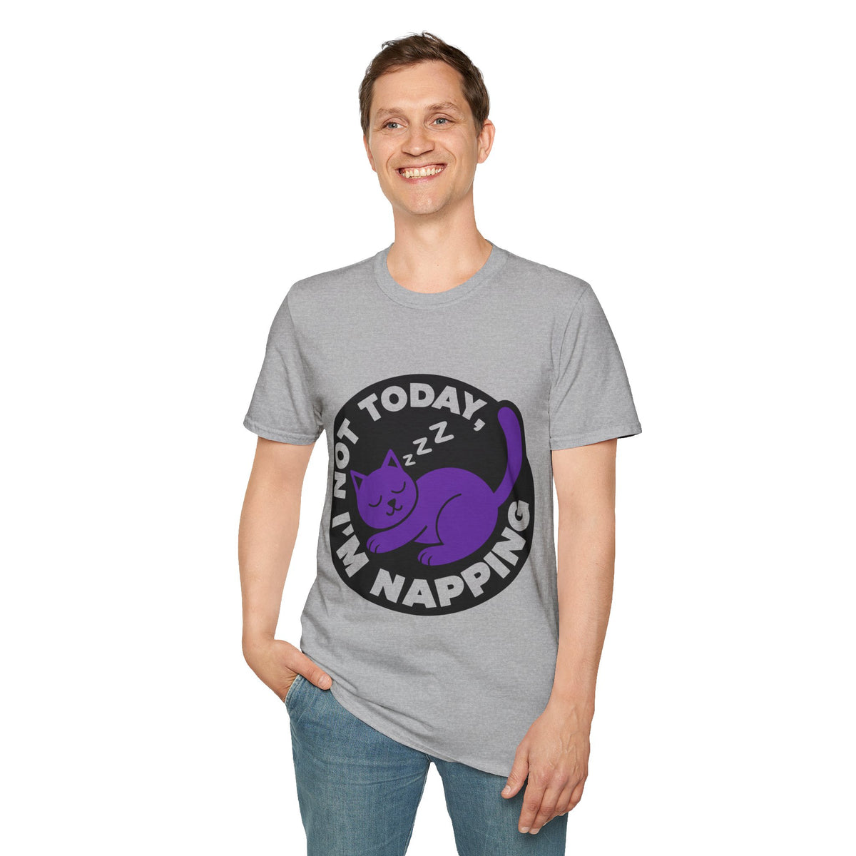 Not Today I'm Napping Purple Cat Tee - Funny Sleeping Kitten Badge Graphic T-Shirt - Trending Now - September 2026