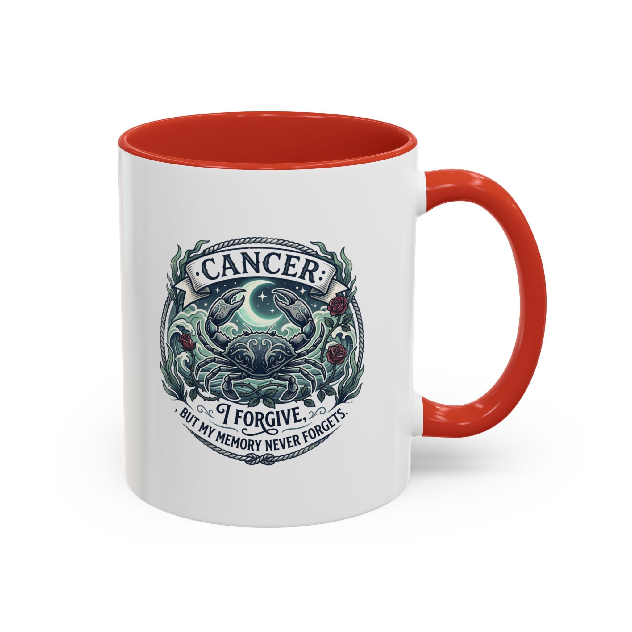 Cancer Zodiac Accent Coffee Mug — 'I Forgive But My Memory Never Forgets' Horoscope Gift