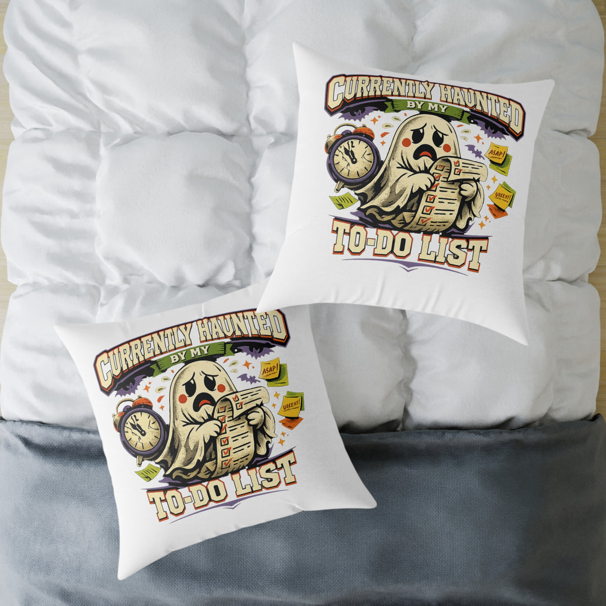 Halloween Square Poly Canvas Pillow — “Currently Haunted by My To-Do List” Halloween Ghost Decorative Throw Pillow