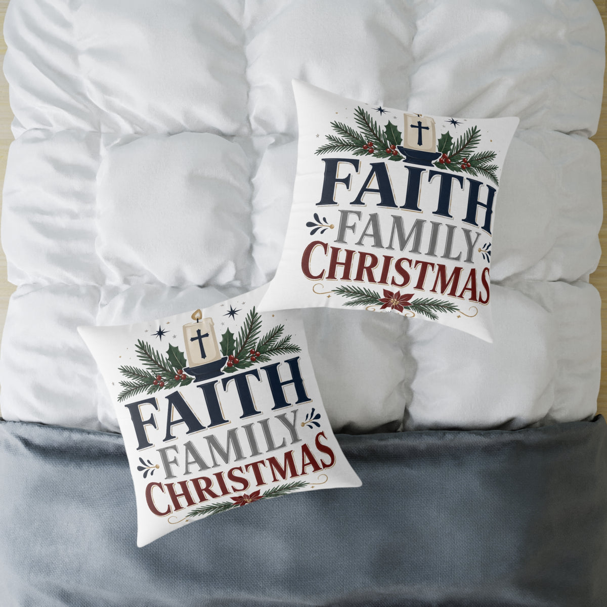 Christmas Pillow - 'Faith Family Christmas' Holiday Decorative Throw Pillow