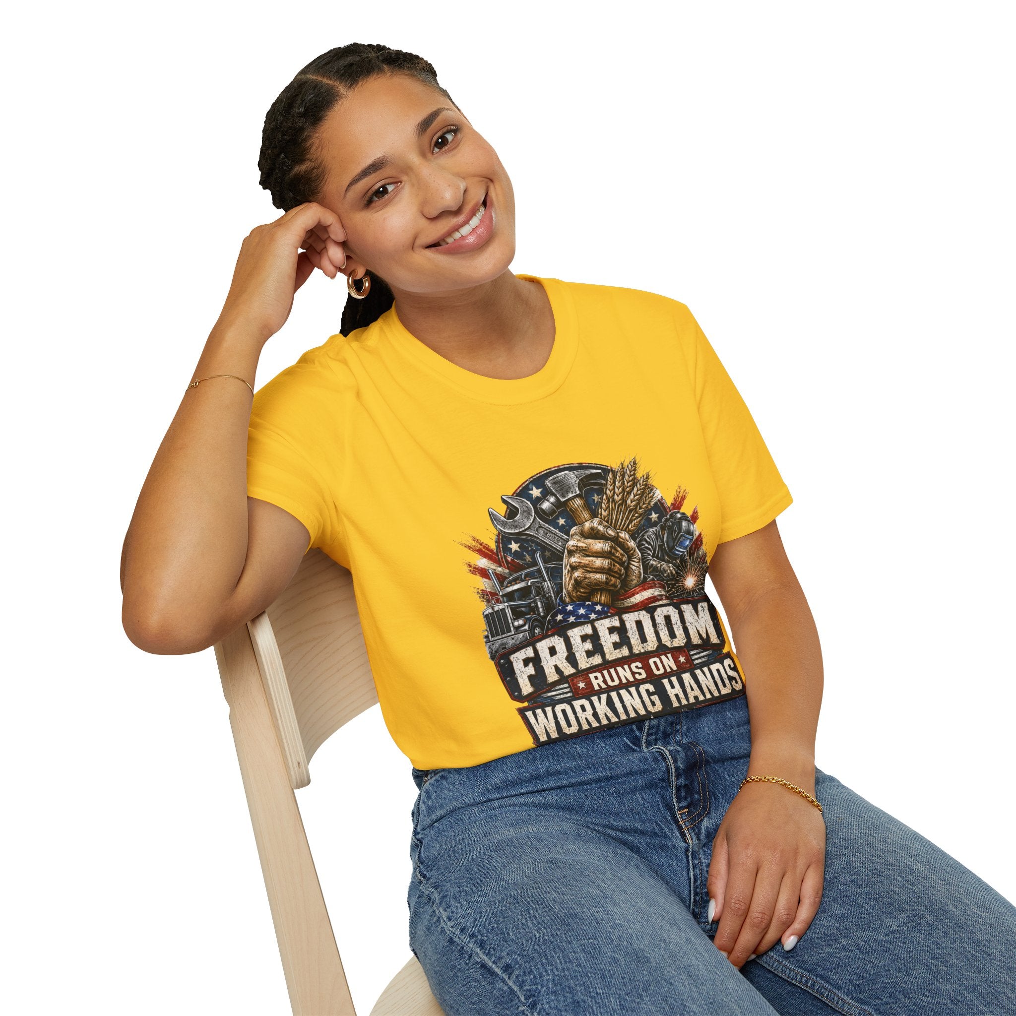 Freedom Runs on Working Hands T-Shirt — Patriotic Mechanic Tool & Wheat Design