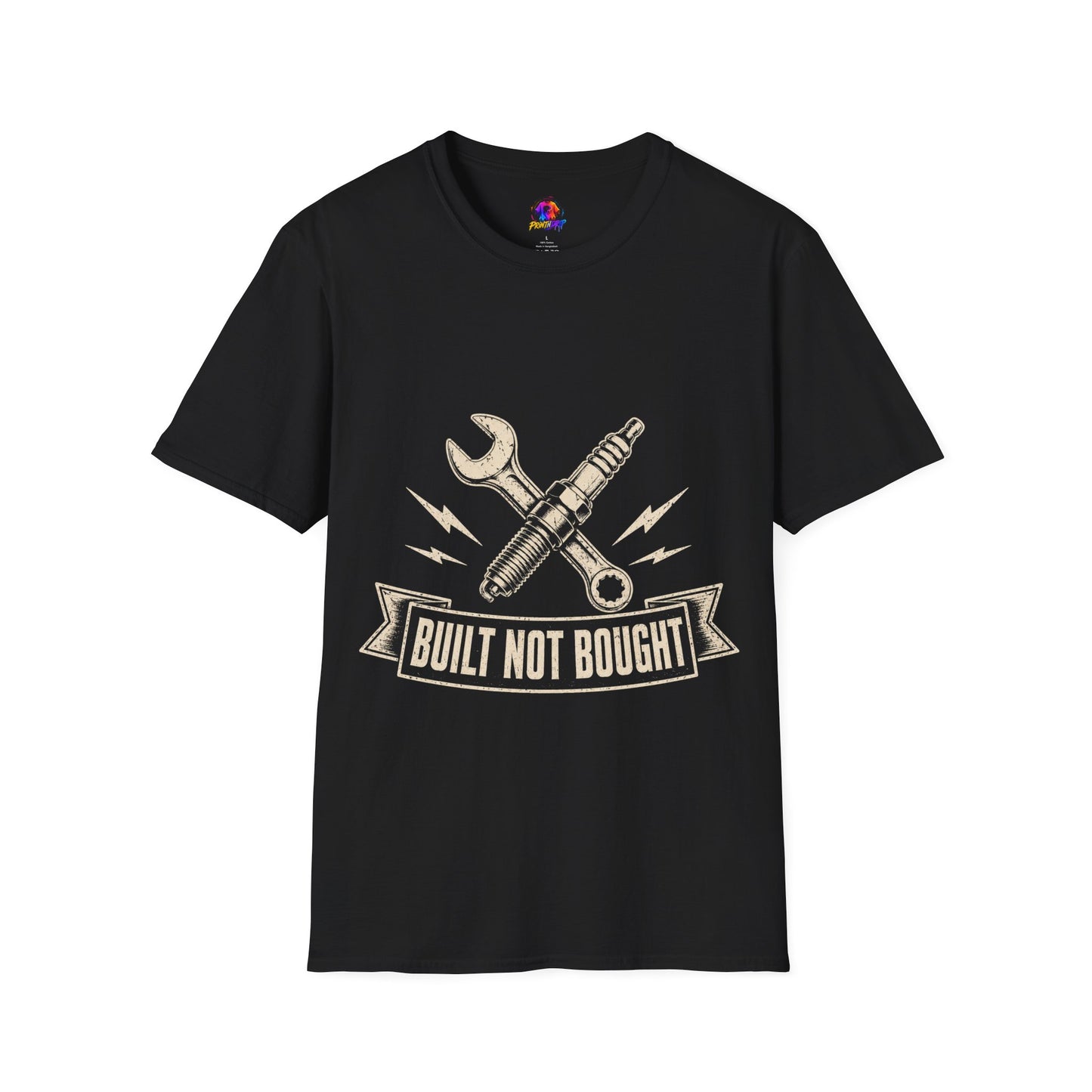 Built Not Bought T-Shirt — Vintage Mechanic Spark Plug & Wrench Tee for DIY Car Enthusiasts