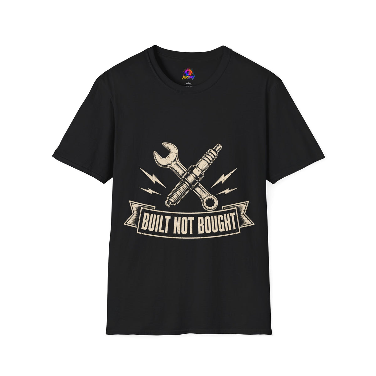 Built Not Bought T-Shirt — Vintage Mechanic Spark Plug & Wrench Tee for DIY Car Enthusiasts