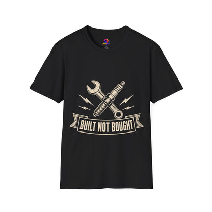 Built Not Bought T-Shirt — Vintage Mechanic Spark Plug & Wrench Tee for DIY Car Enthusiasts