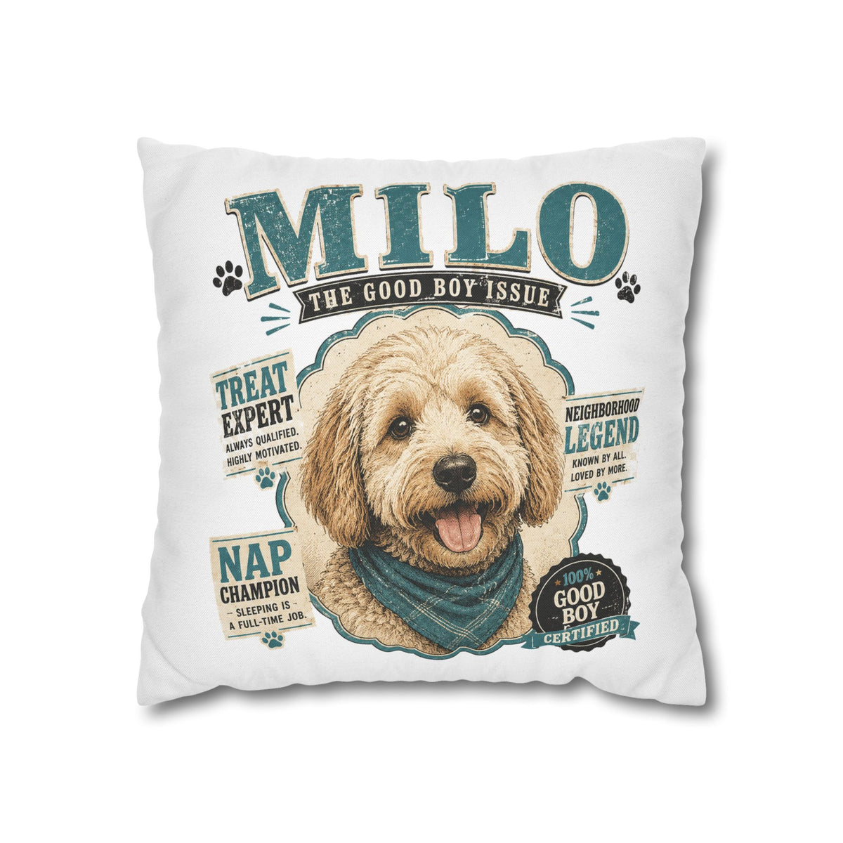 Milo 'The Good Boy Issue' Decorative Dog Pillowcase — Personalized Pet Name Cushion Cover Milo Bailey Dog Dad Mom