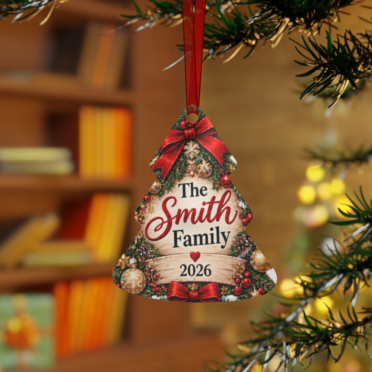 Personalized Family Metal Ornament - Christmas Tree Shape "The Smith Family 2026"