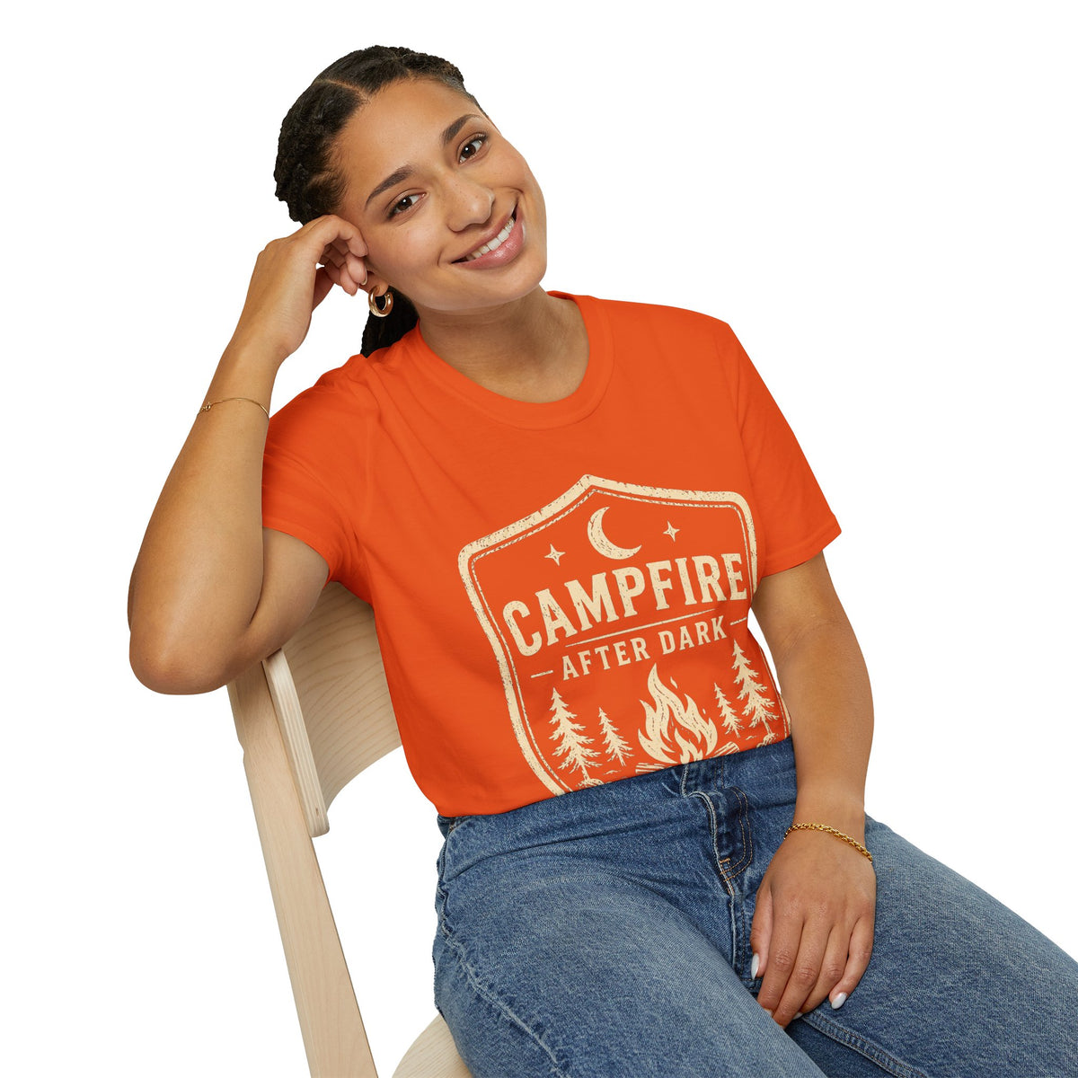 Campfire After Dark T-Shirt — Retro Camping Badge Tee for Outdoor Lovers