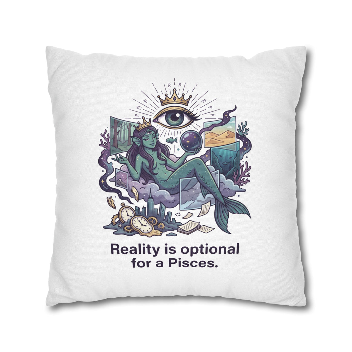 Pisces Mermaid Pillowcase — "Reality Is Optional for a Pisces" Decorative Throw Pillow