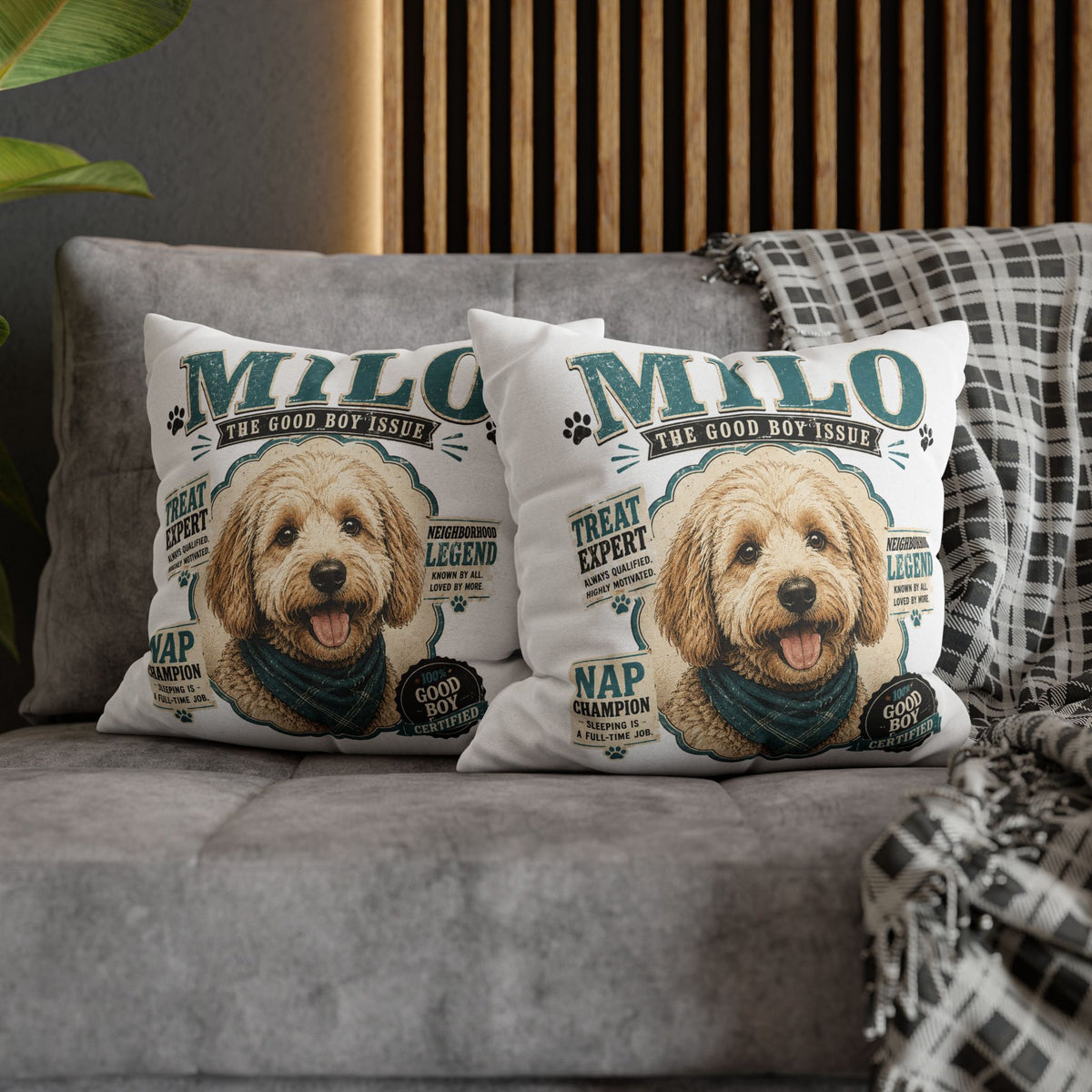 Milo 'The Good Boy Issue' Decorative Dog Pillowcase — Personalized Pet Name Cushion Cover Milo Bailey Dog Dad Mom