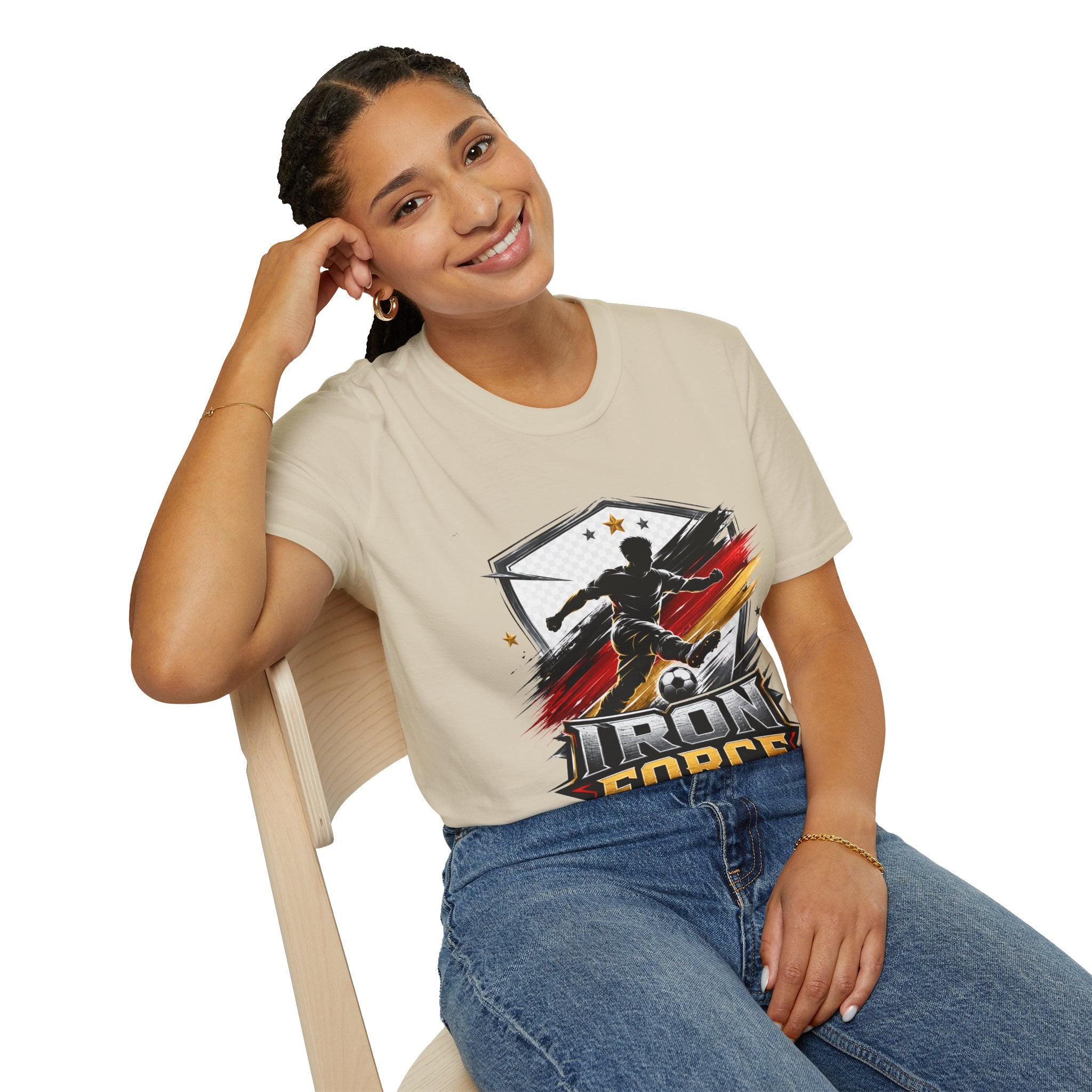 Germany Soccer 'Iron Force' Graphic T-Shirt — Player Silhouette with Red & Gold Brushstroke Emblem