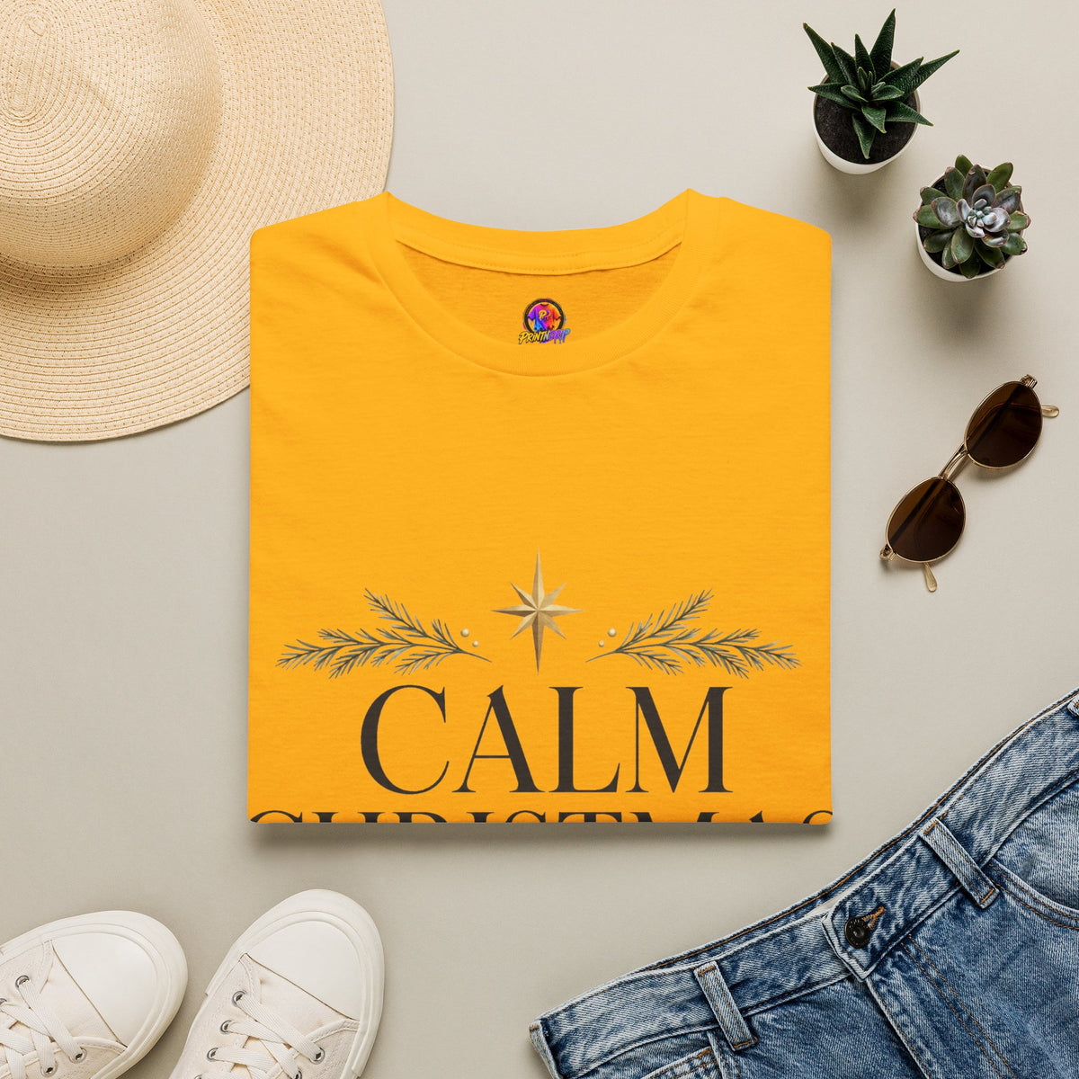 Calm Christmas Club T-Shirt — Holiday Relaxed Tee with Star & Pine Design