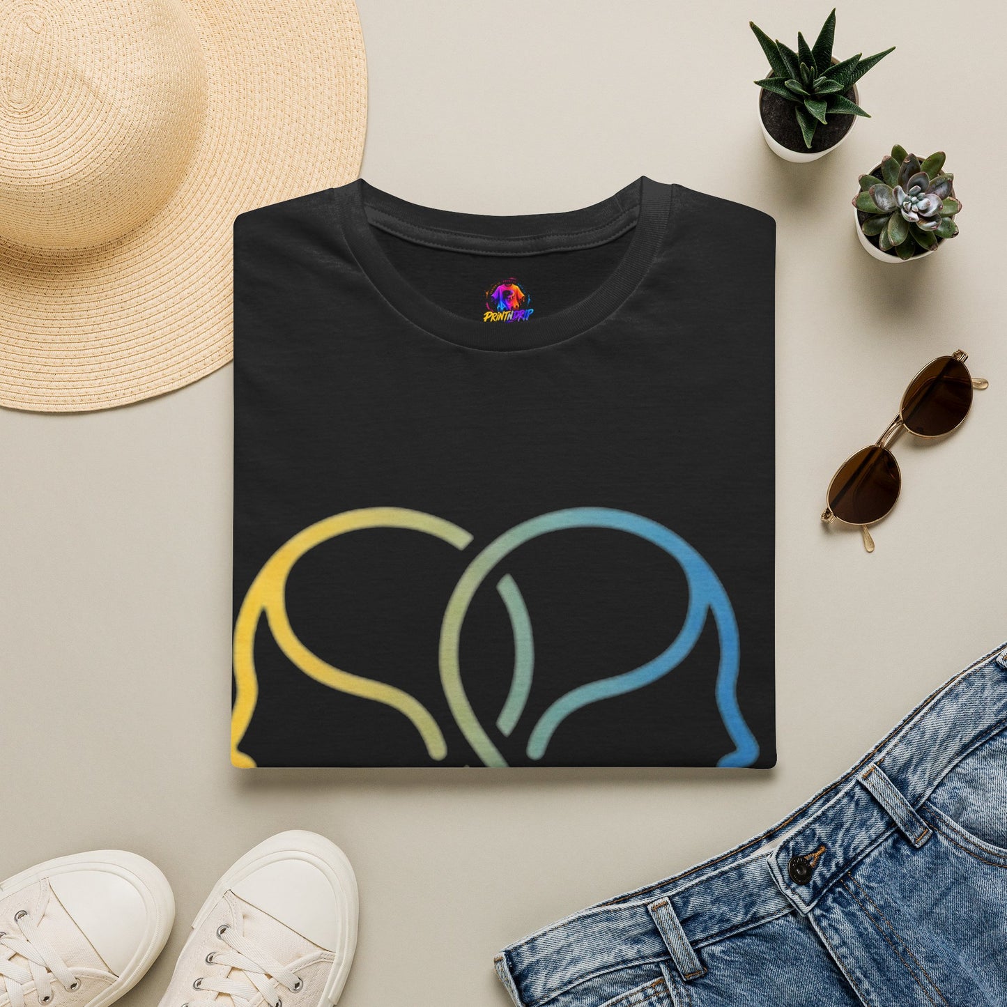 Twin Profile Line Art T‑Shirt — Gradient Sisterhood Outline Tee