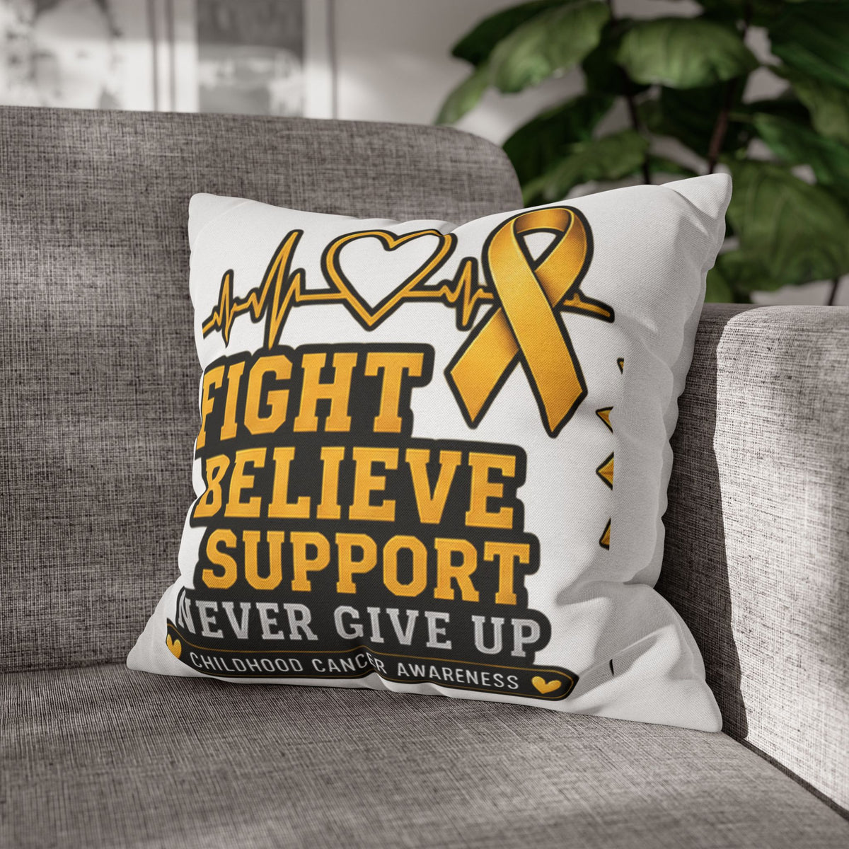 Childhood Cancer Awareness Pillow — "Fight Believe Support Never Give Up" Gold Ribbon Decorative Throw Pillow