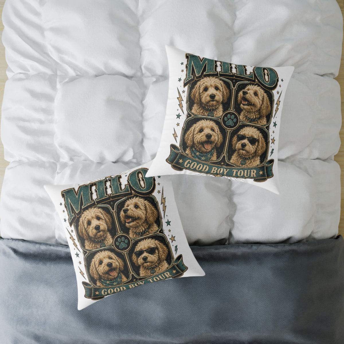 Milo 'Good Boy Tour' Square Canvas Pillow — Dog Portrait Decorative Throw Pillow